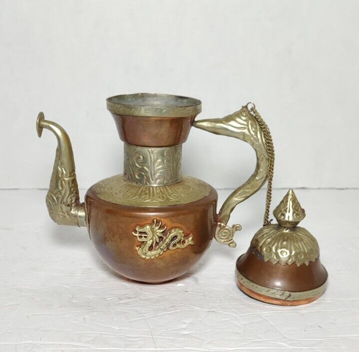 ANTIQUE / VINTAGE COPPER AND BRASS TIBETAN TEAPOT WITH DRAGON