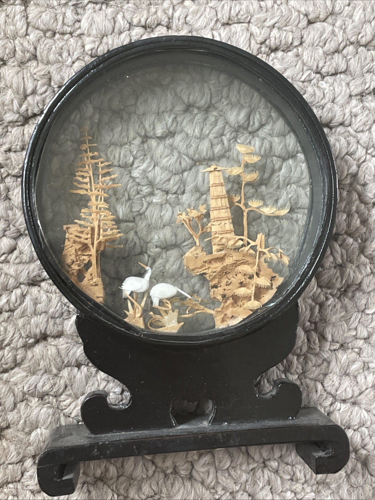 Vintage Chinese Hand Carved Cork Diorama with Pandas – 5.25″ in hgt by 4″ base