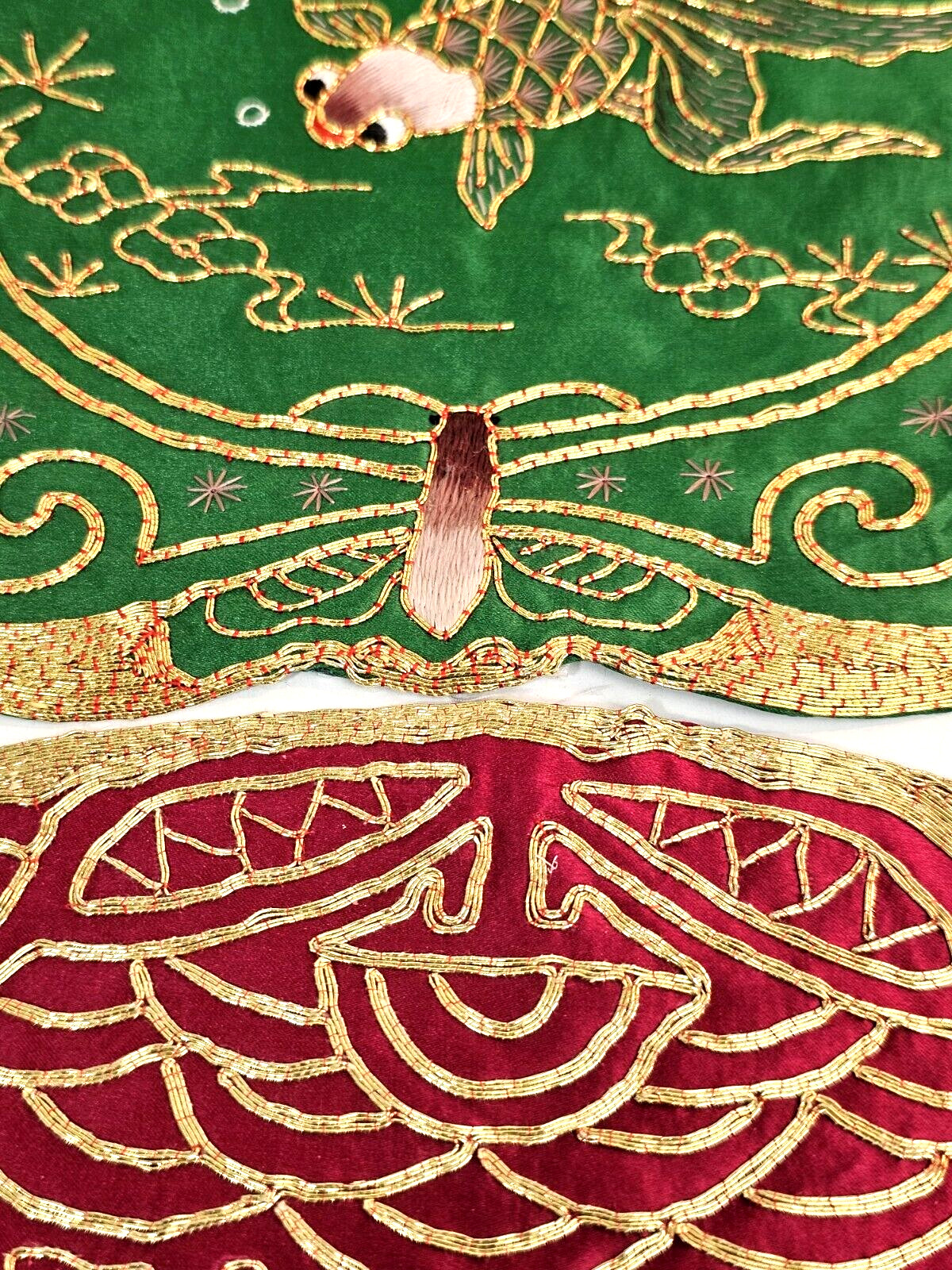 2-VTG Golden Cloud Chinese Hand Embroidered Gold Thread Silk Fish Doily Mats