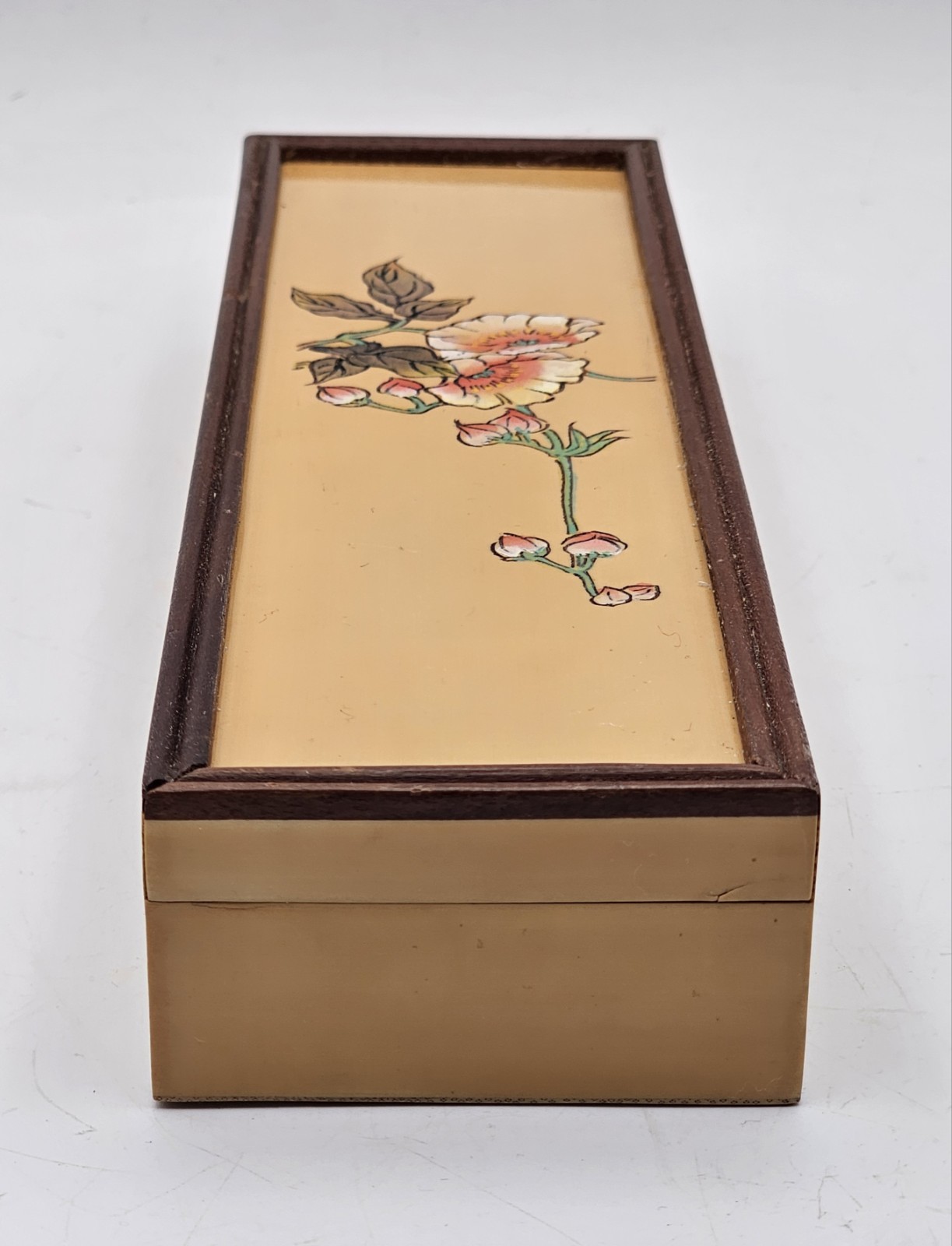 Vintage Chinese Acrylic Faux Wood Hand Painted Trinket Pencil Sliding Box GREAT!