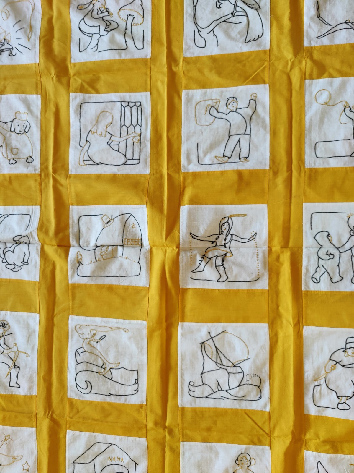 Antique Vintage Embroidered Squares Machine Stitched Quilt Top 47″ x 64″