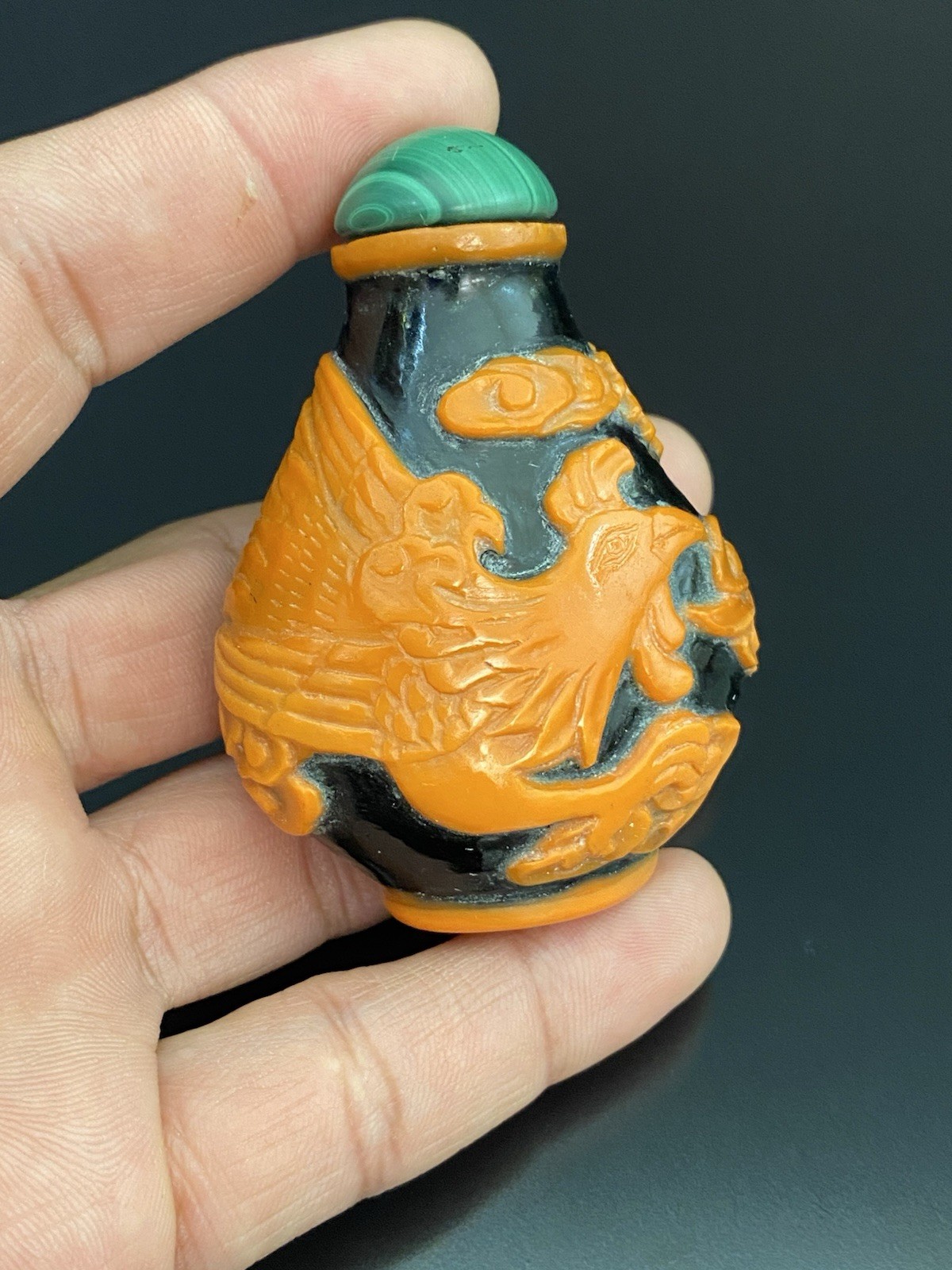 Antique Chinese Peking Glass Orange Phoenix Overlay Snuff Bottle Malachite Top