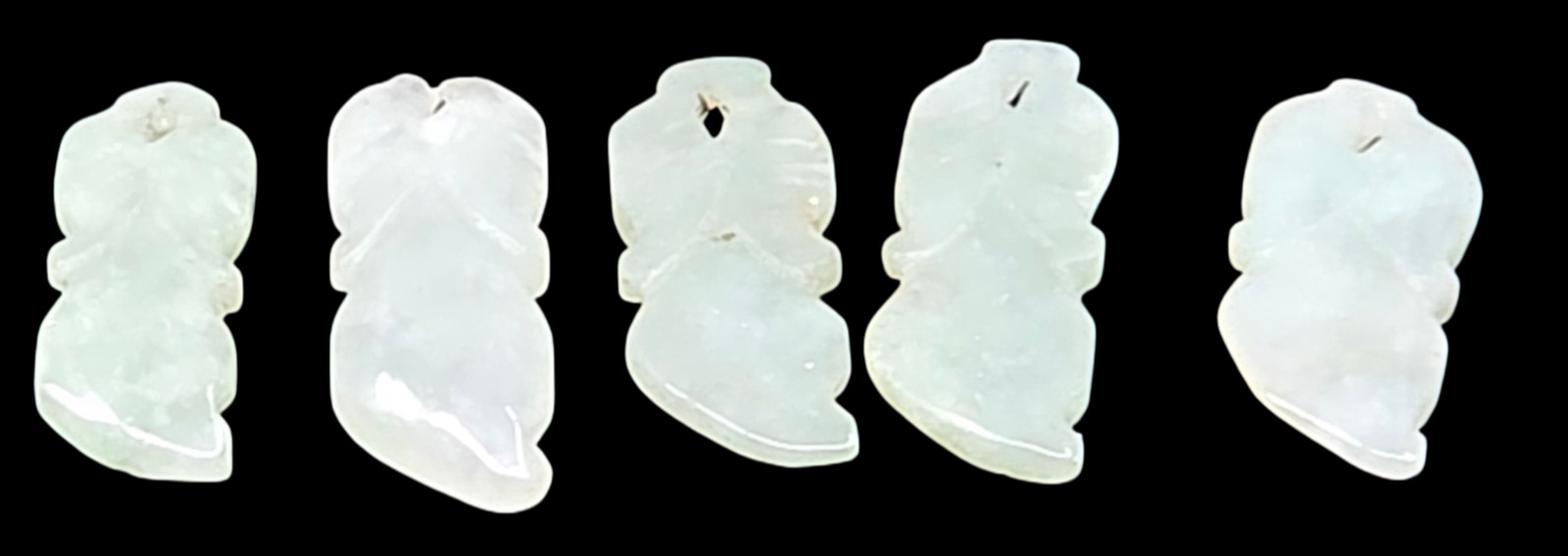 5pc Lot Chinese Hand Carved Icy White Jade Leaf Pendants – Translucent Jadeite