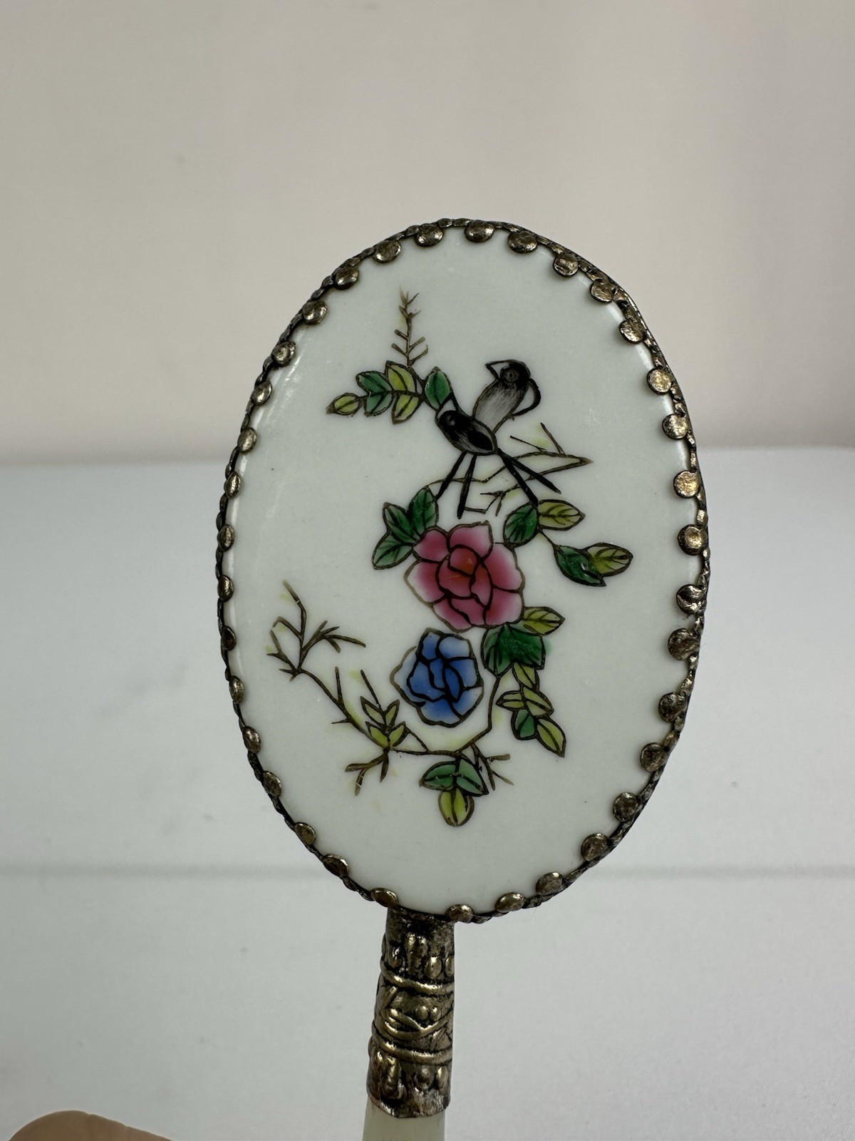 Chinese Decorative Small Hand Mirror w/ Green Stone Handle & Porcelain w/ Birds