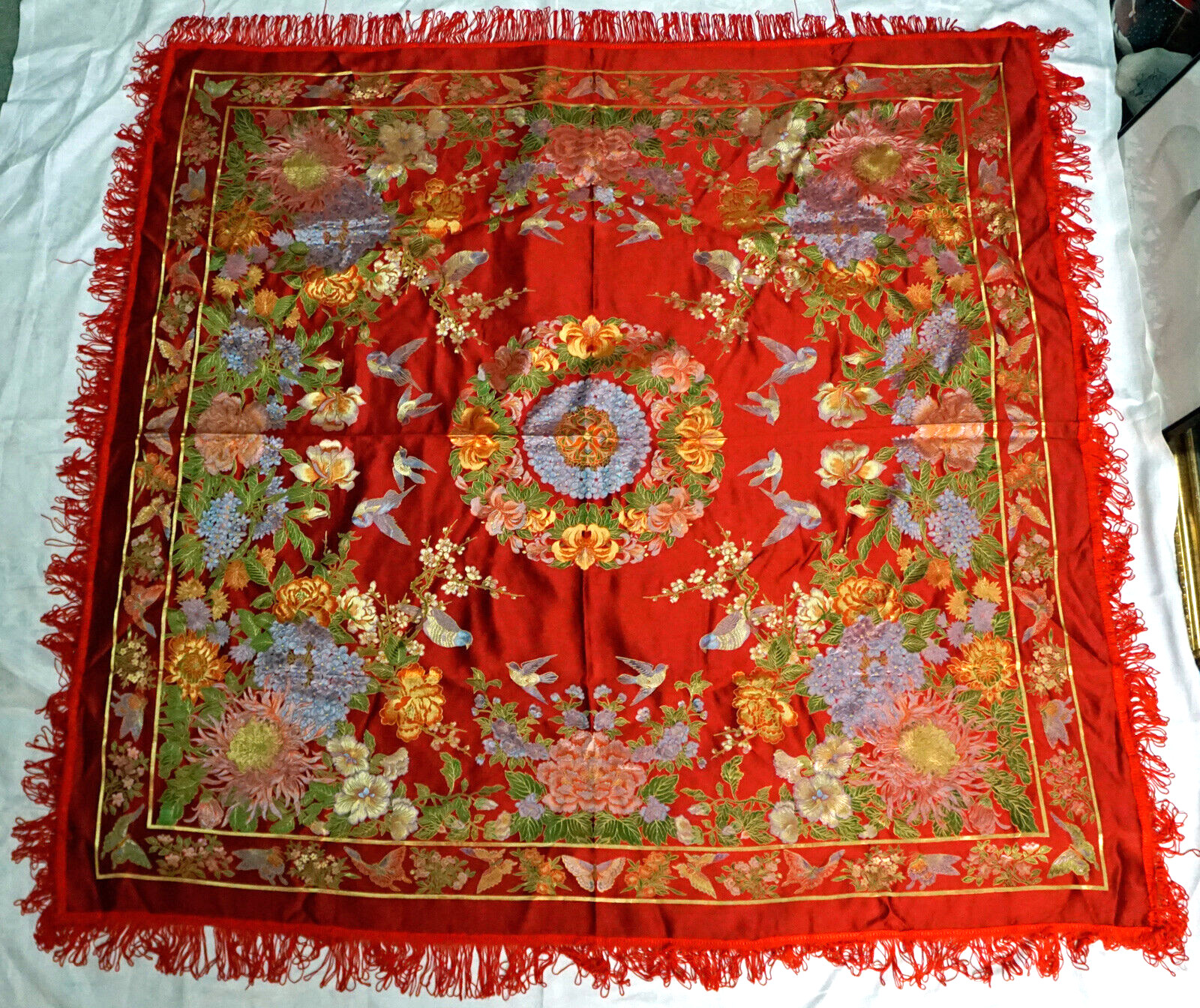 Vintage Silk Brocaded Flowers China Tapestry or Table Cloth Vivid Colors