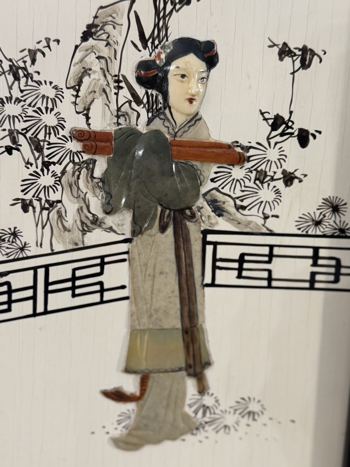VTG Chinese Black Lacquer Wall Panels Pair Mother Pearl Inlay Geisha Art 19.5×9