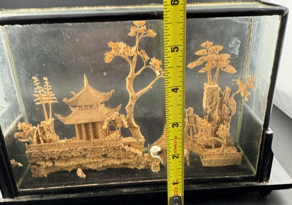 Vintage Chinese Cork Art Diorama, Glass Display Case, Pagoda Scene, Excellent #2