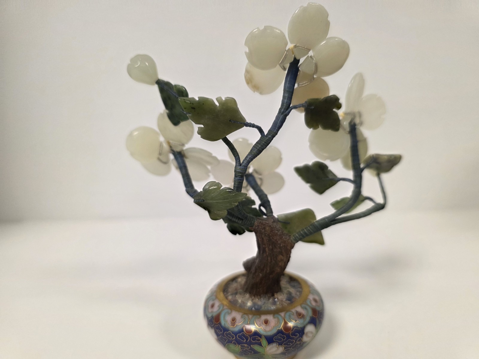 Asian Bonsai Tree Blossom Cloisonne Floral Pot White And Green Stone Jade?