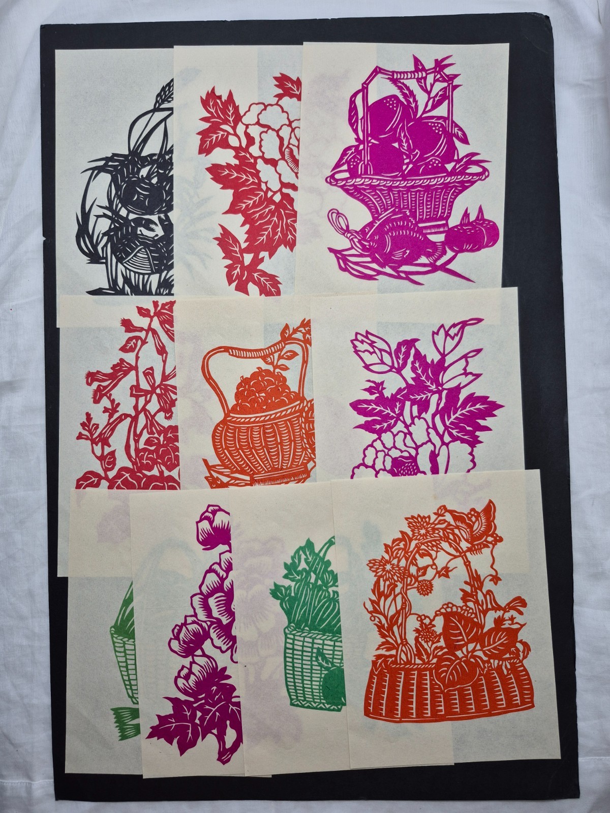 Unused Set of 10 Chinese Folk Art Paper cuts Floral, Fruit basket & fish Design