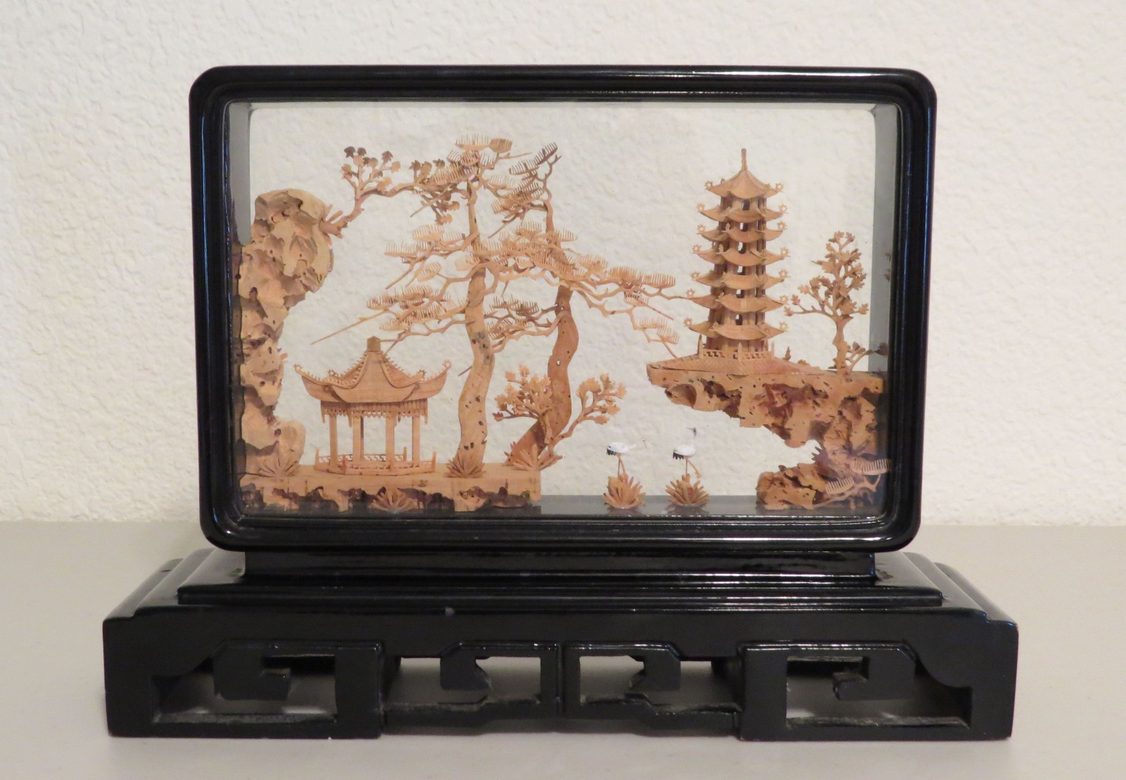 Asian Cork Diorama Pagoda Cranes Temple Trees 11 x 7.5