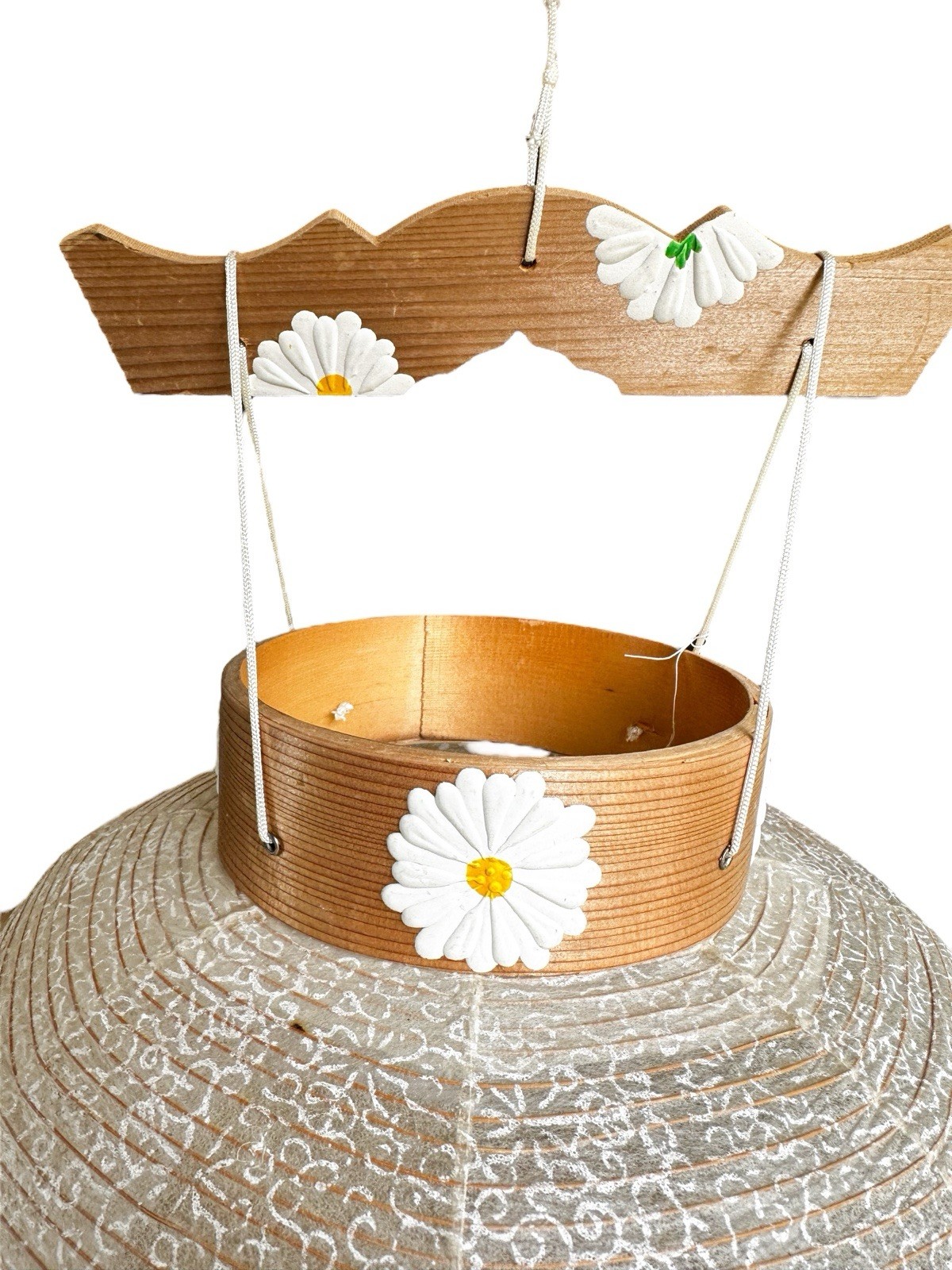 Vintage Chinese Paper Lantern White Daisy Floral Tassels Large Neutral