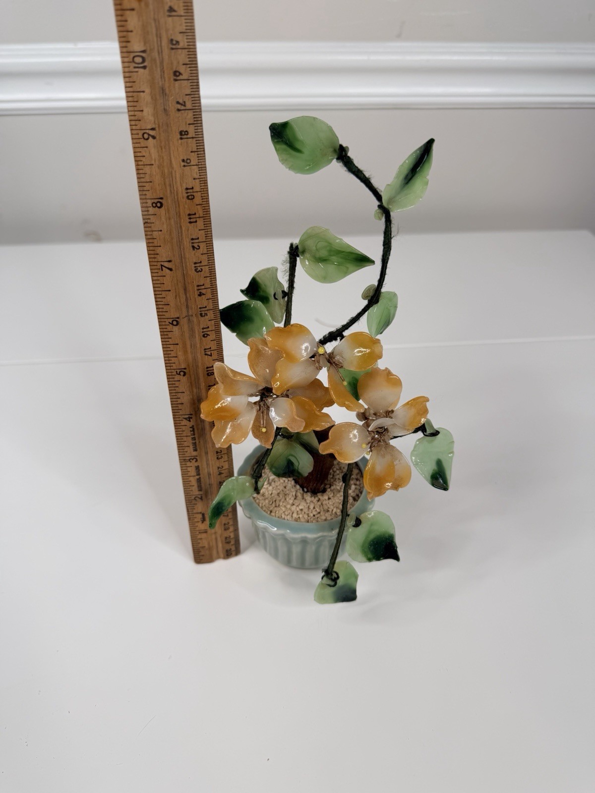 Vintage Asian Jade Glass peach green Cherry Blossom Bonsai Tree 9” Inch