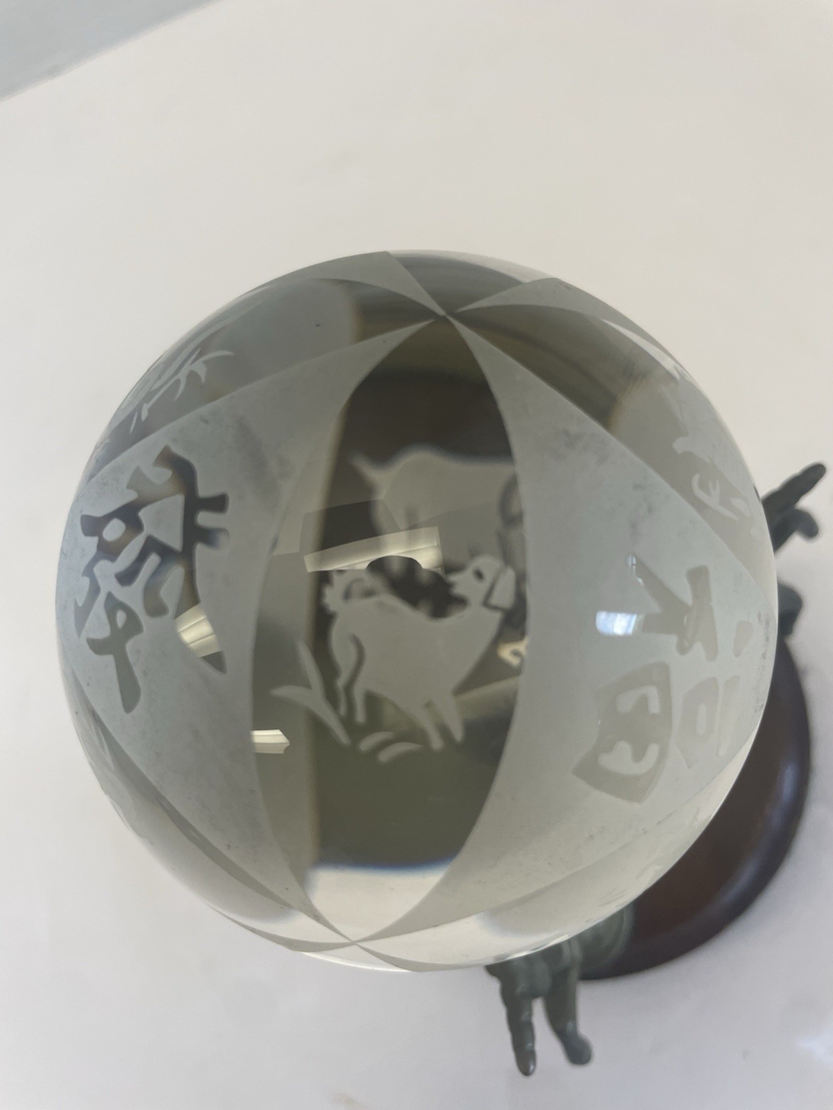 Chinese Zodiac New Year Etched Crystal Ball W Vintage Brass Unicorn Stand