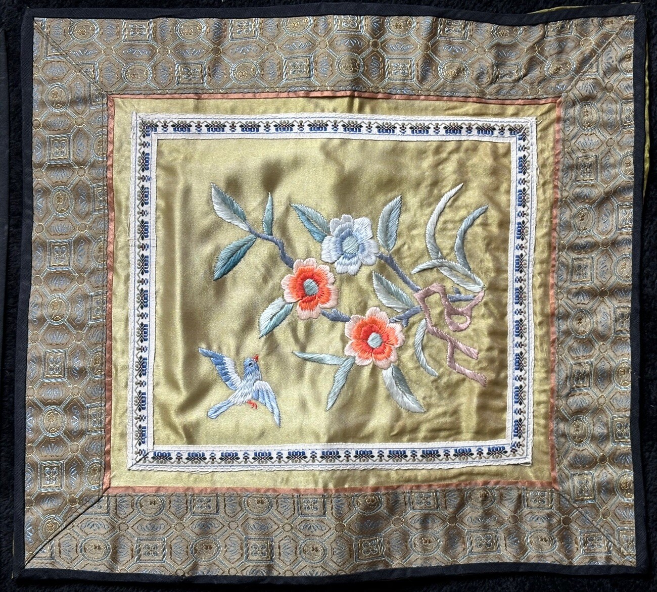 Vintage Hand Embroidered Silk Panel Set With Birds and Flowers 11 1/2” X 10 1/2”