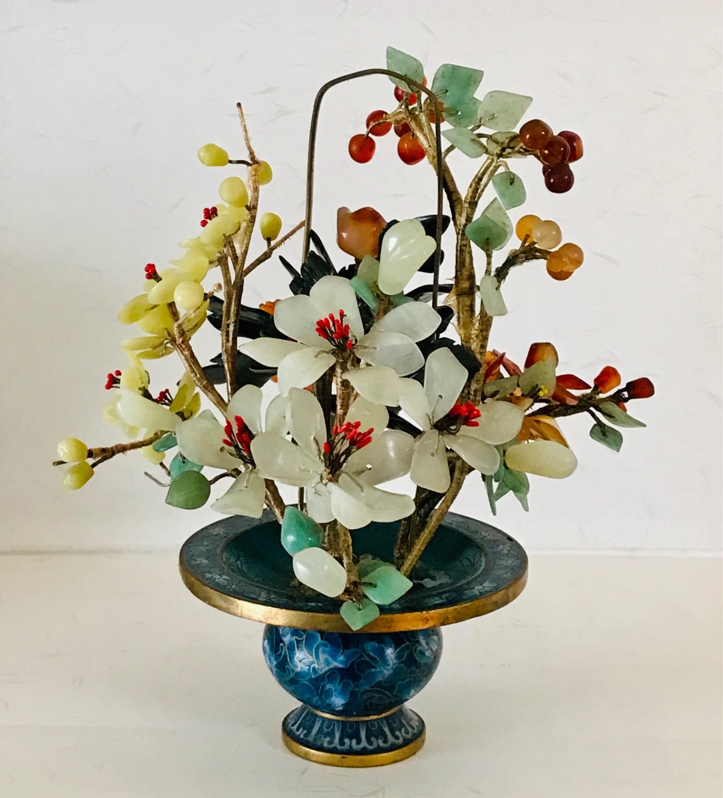 Chinese Cloisonne Jade Tree Flower Basket 8″ Inches Tall