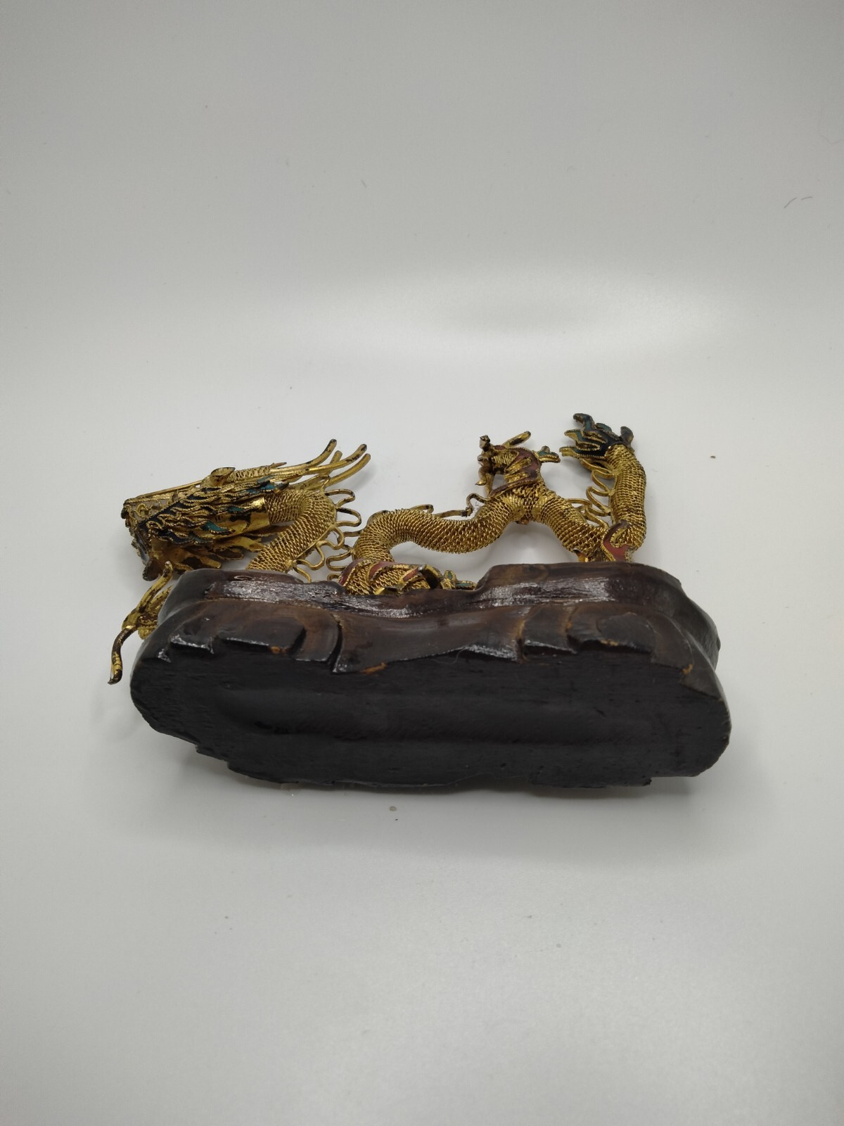 Chinese Brass Figurine Dragon on Wooden Stand 4.5″ x 4.5″ Green, Red, and Gold