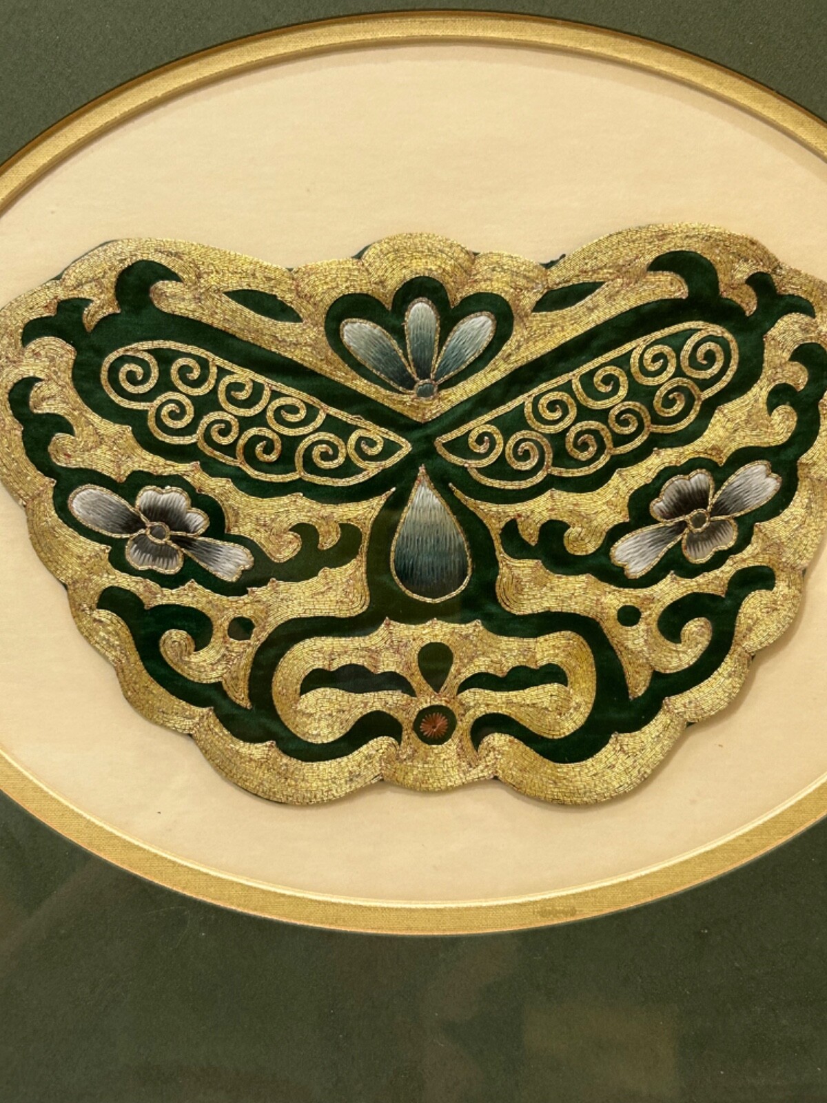 CHINESE FRAMED 16.75”X14.5” EMBROIDERY GOLD CANNETILLE BUTTERFLY BIRDS STUNNING