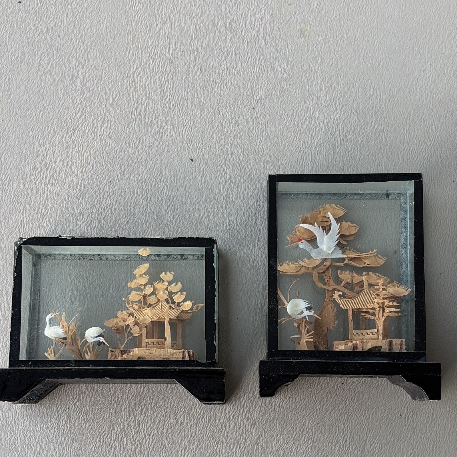 Chinese Framed Shadow Box Wall Decor Dioramas Pair w/ Cranes & Pagoda