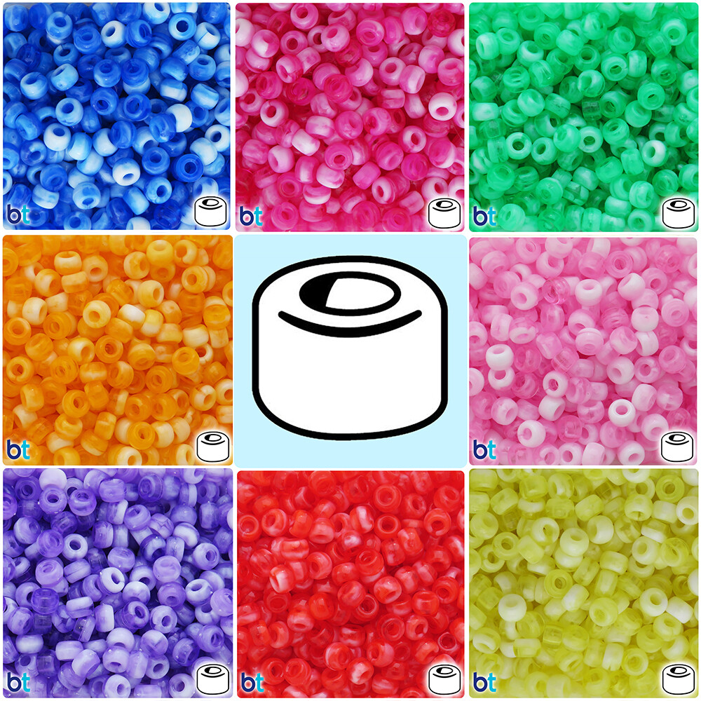 BeadTin Marbled 9mm Barrel Pony Beads (300pcs) – Color Choice