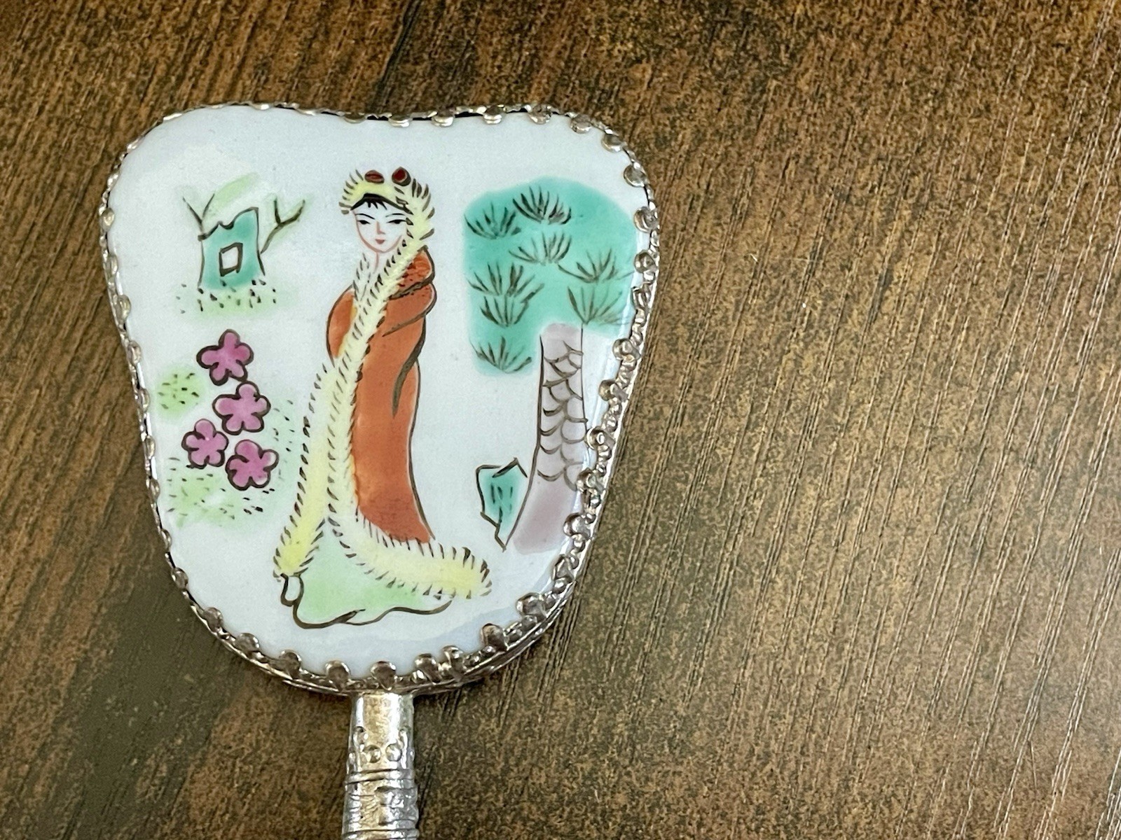 Vintage Mirror Asian Oriental Geisha Woman With Jade Handle Very Good Condition