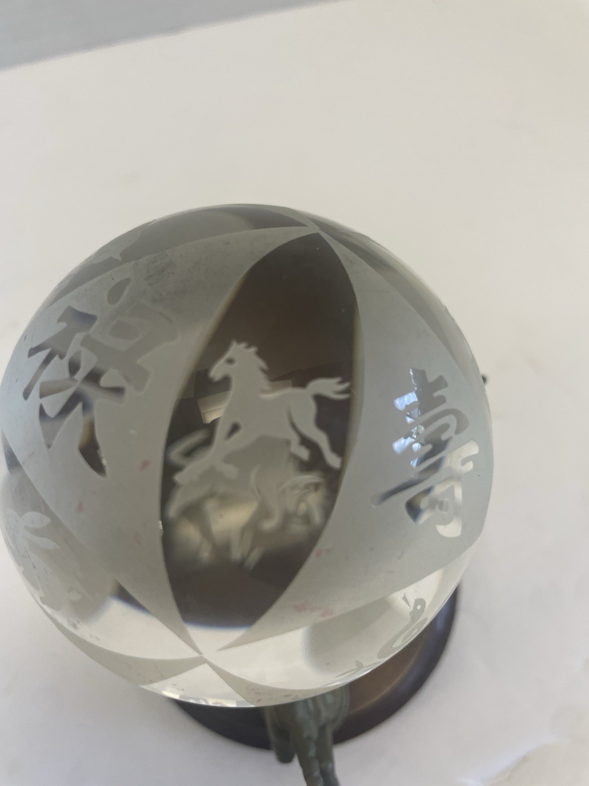 Chinese Zodiac New Year Etched Crystal Ball W Vintage Brass Unicorn Stand