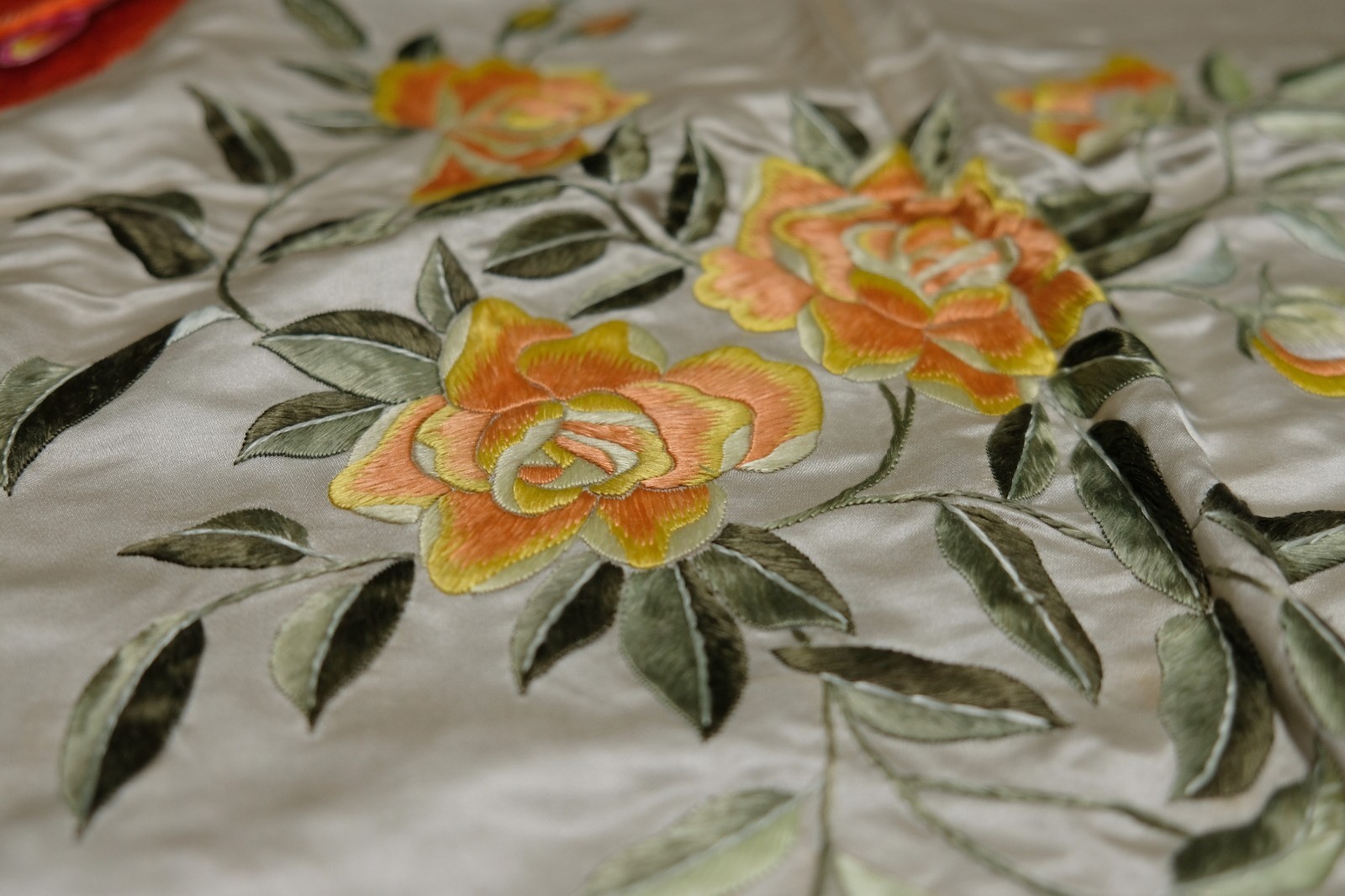 Vintage Chinese Embroidered Silk Large Panel Bed Cover 78″x87″ – never used!