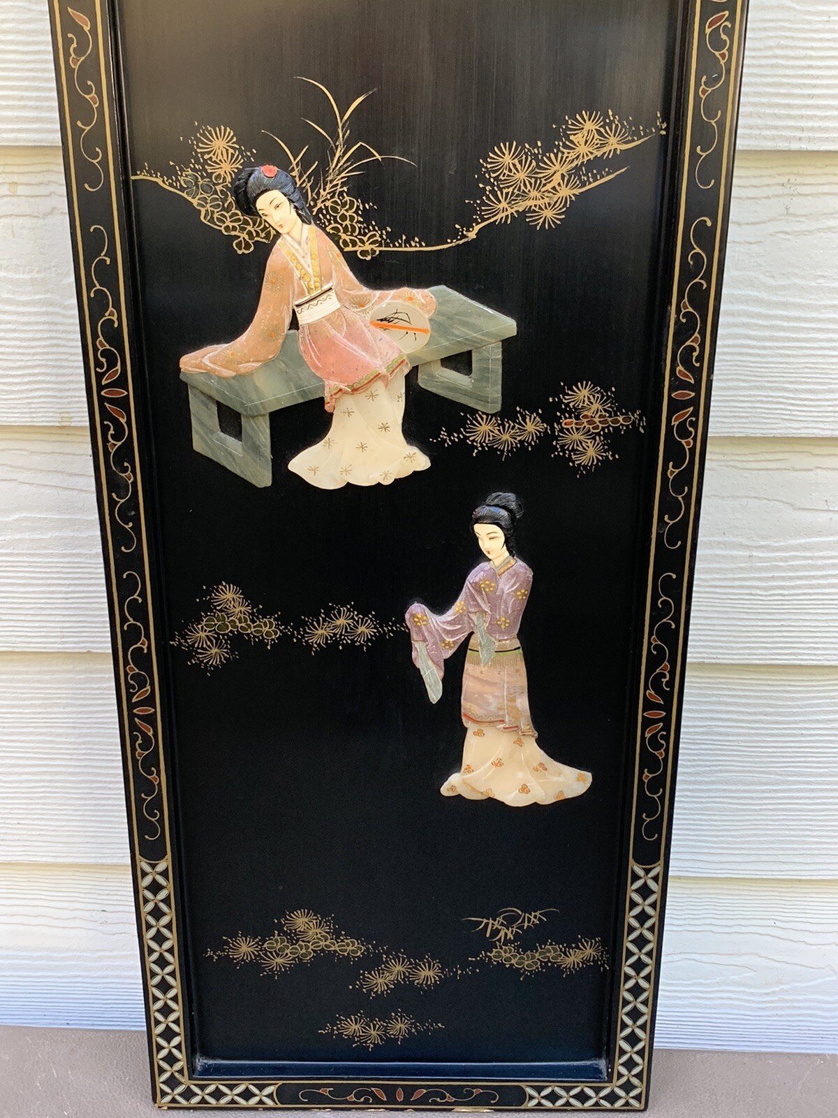 Vintage 1960’s Oriental Chinese Black Lacquer 3D Geisha Girls Wall Plaques