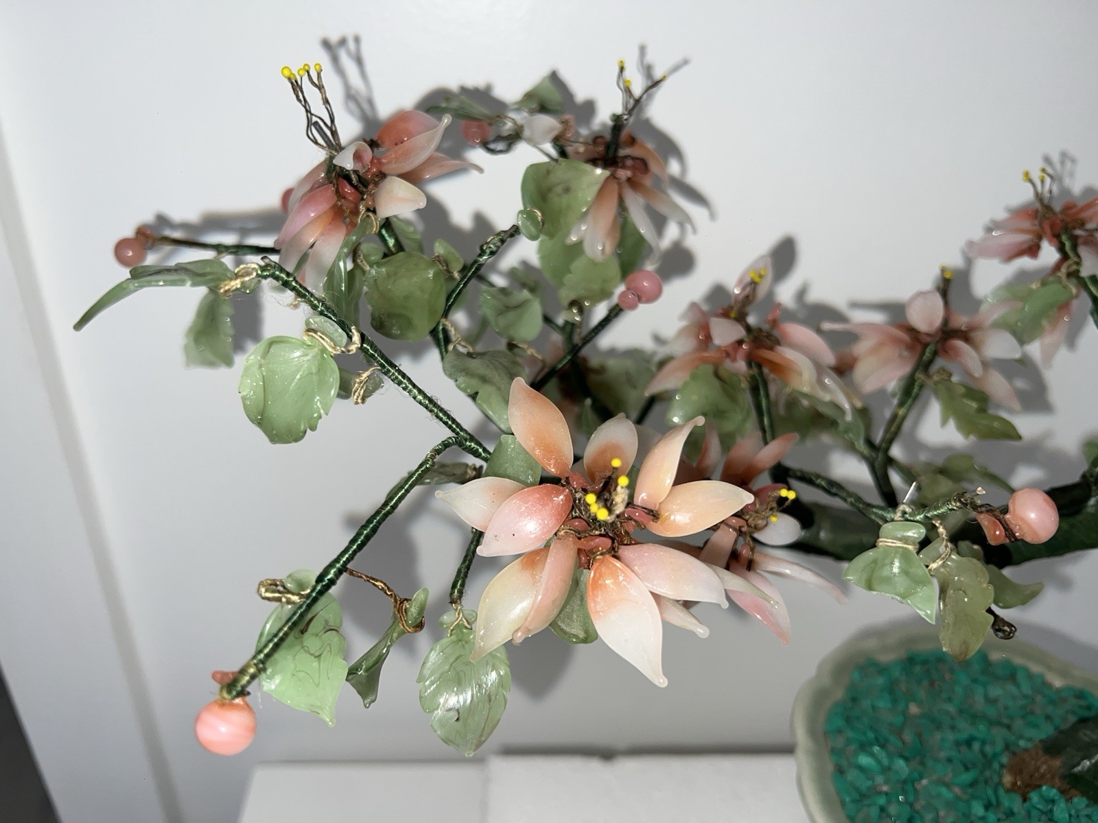 (…-6)Jade Like Flower Pink Glass Asian Bonsai Tree Leaves Missing And Damage.
