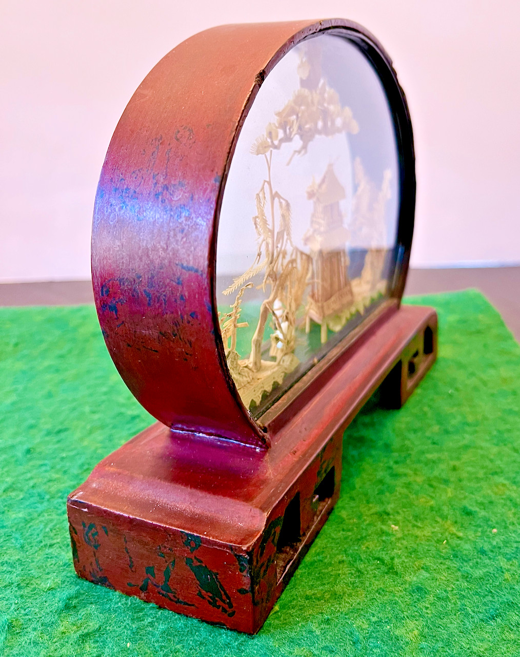 Vintage Chinese San You Cork Carving Diorama w/Pagod Trees & Cranes Wooden Stand