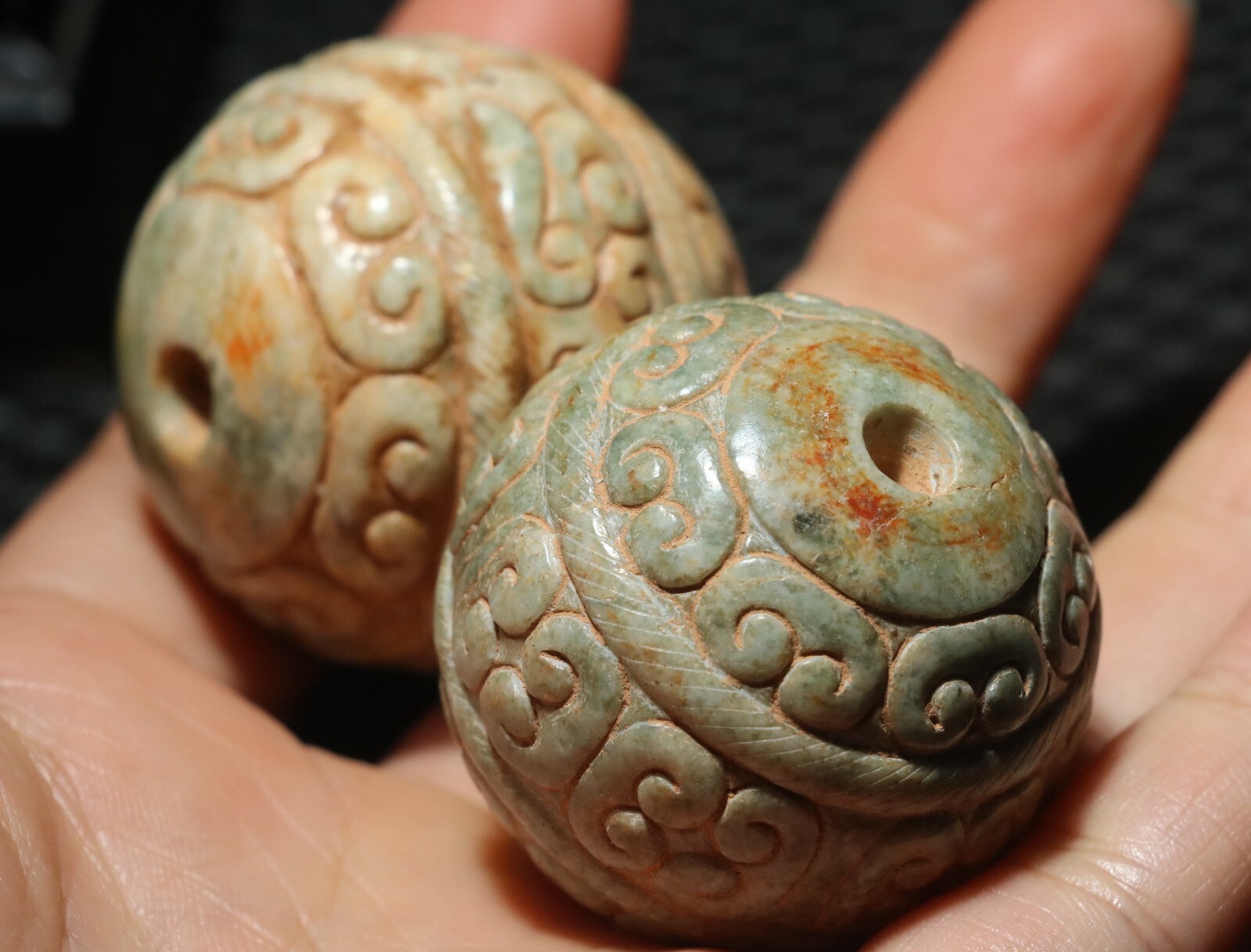 Pair of Chinese Hetian Old JADE Linking Fortune Large Ball Sphere 40MM Amulets