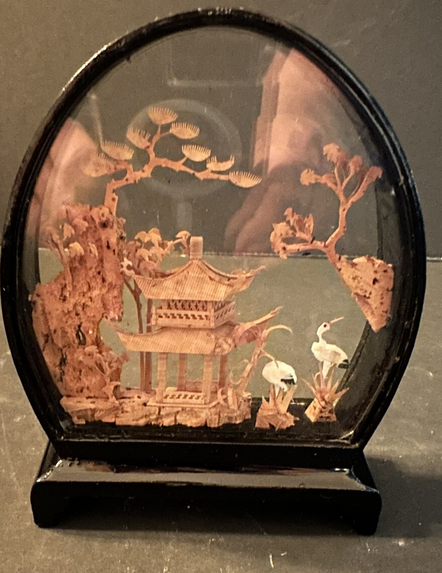 Vintage Chinese Cork Sculpture Picture Garden Wooden Base Encased Dome Glass