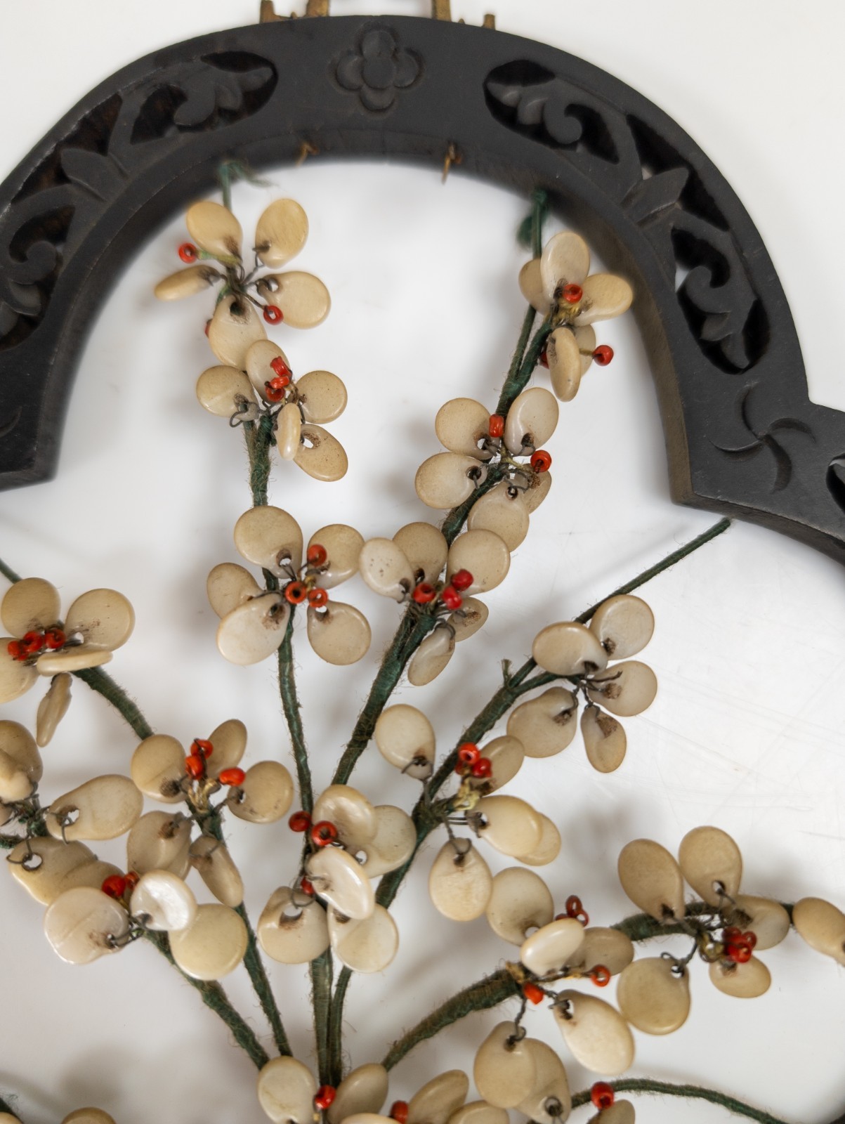 Vintage Chinese Faux Jade Peking Glass Prunus Flower Wall Hanging