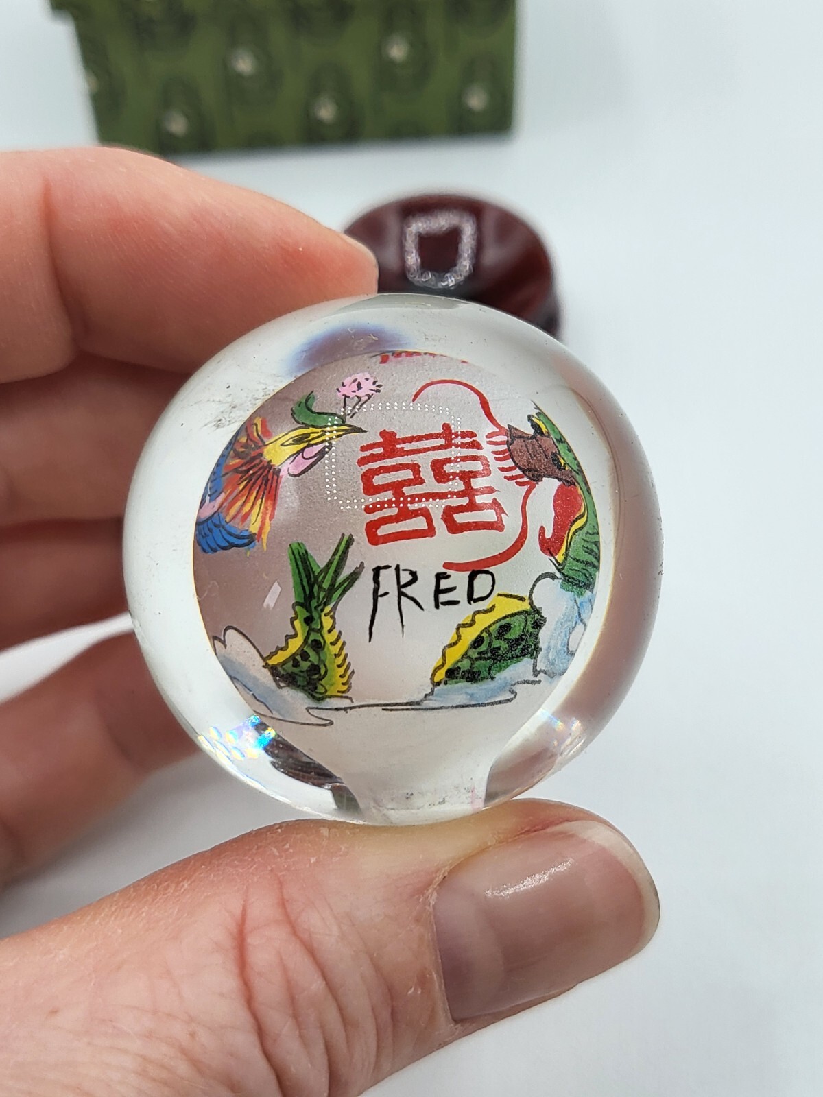 Vintage Miniature Souvenir Chinese Dragon Inner Painted Glass Ball Orb for Fred