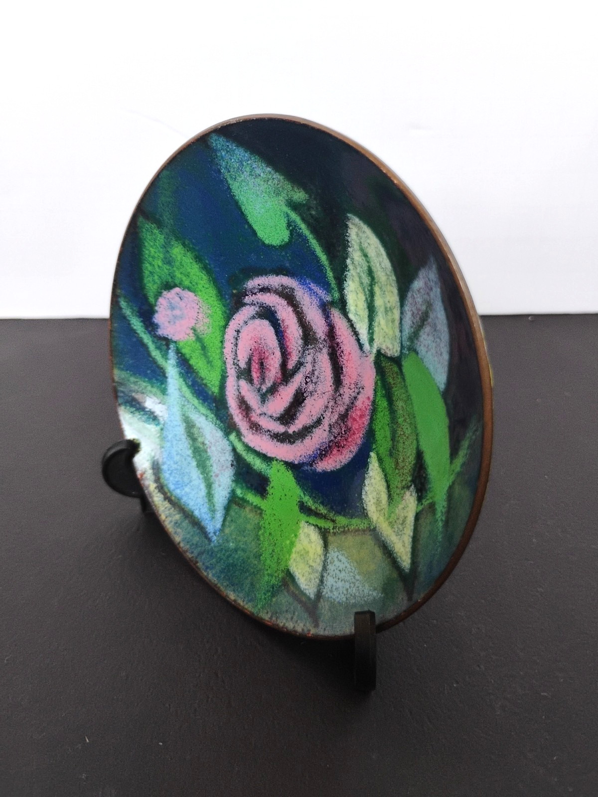 Chinese Cloisonné Teal Enamel Copper Plate Trinket Dish 3.75” Floral Decor