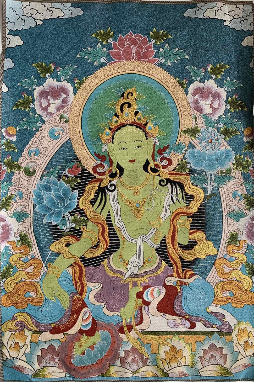 36″Tibet Tibetan Cloth Silk Buddhism Green Tara Guanyin Tangka Thangka Mural 5