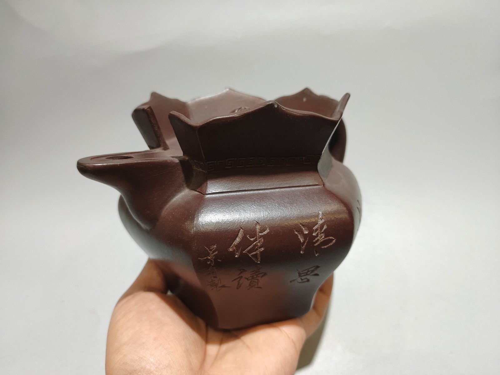 7″ Chinese Yixing Zisha Pottery Purple Clay 450CC Six Sided Monk’s Cap Teapot