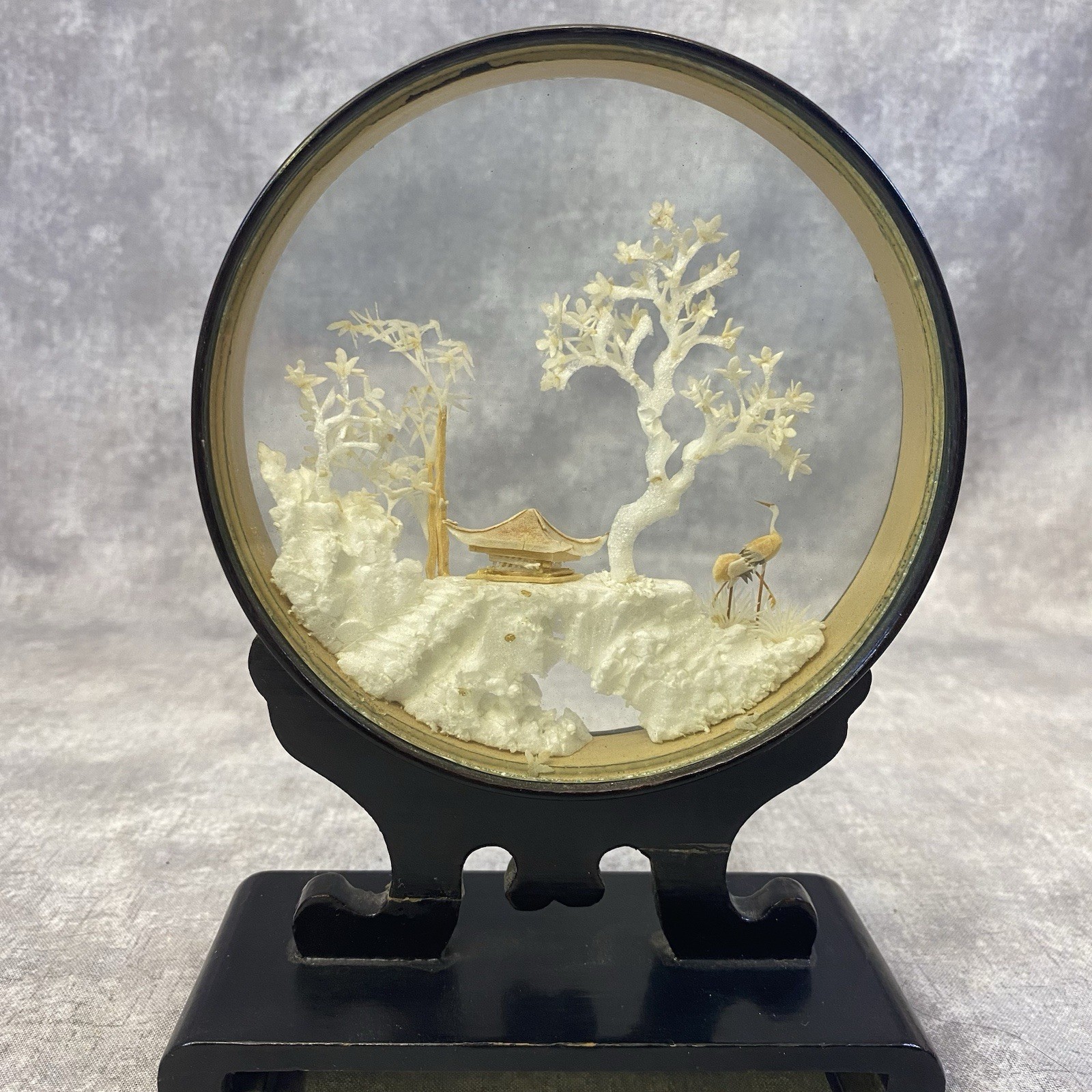 Chinese Cork Sculpture 4.5″ Round in Black Lacquered Frame Storks Pagoda decor