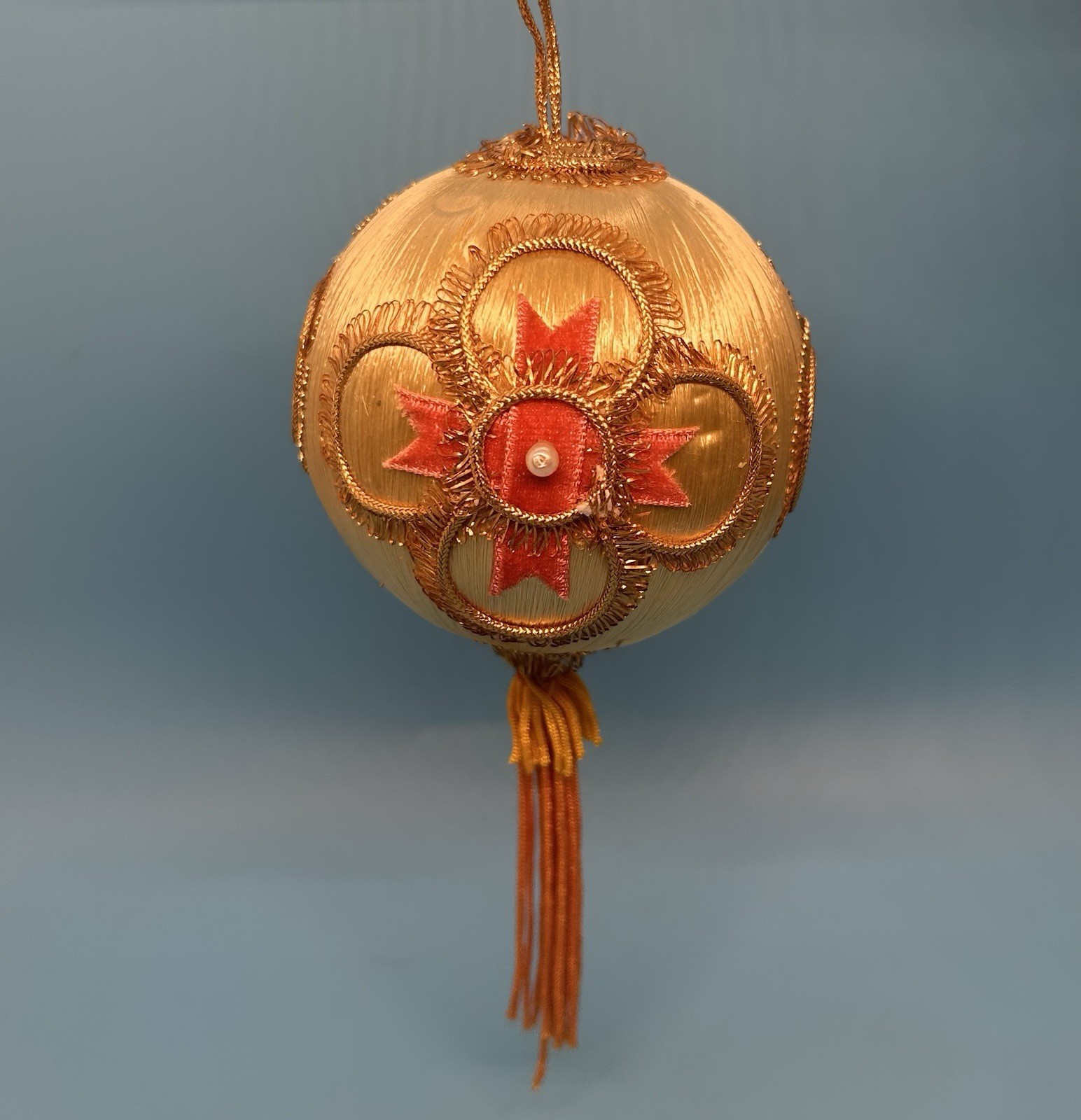 Vintage Asian Silk Thread Ball Ornament Tassel Gold Coral Pink Hanging Decor 3”