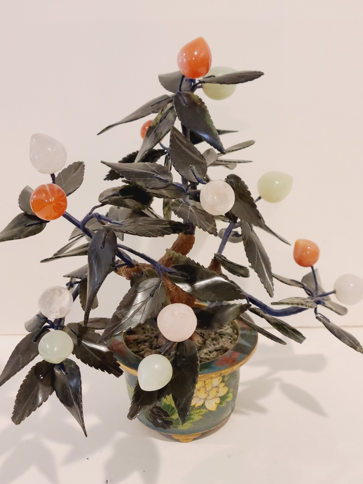 Jade Stone Bonsai Tree Cloisonne Pot Jade Quartz Peaches Cherries