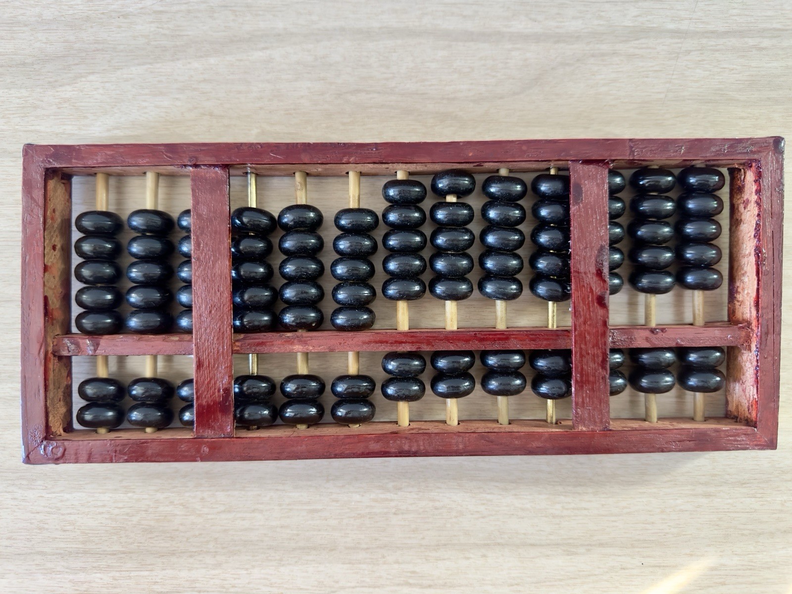Vintage Wooden Abacus Black Beads Brass Hardware Mid Century MCM Decor 11.5in