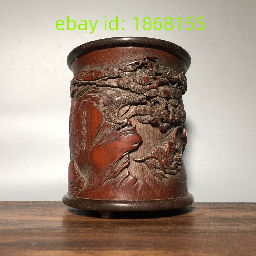 6.3″ Noble old Hand-carved Liu Hai Play Golden Toads statue bamboo Pen Brush pot