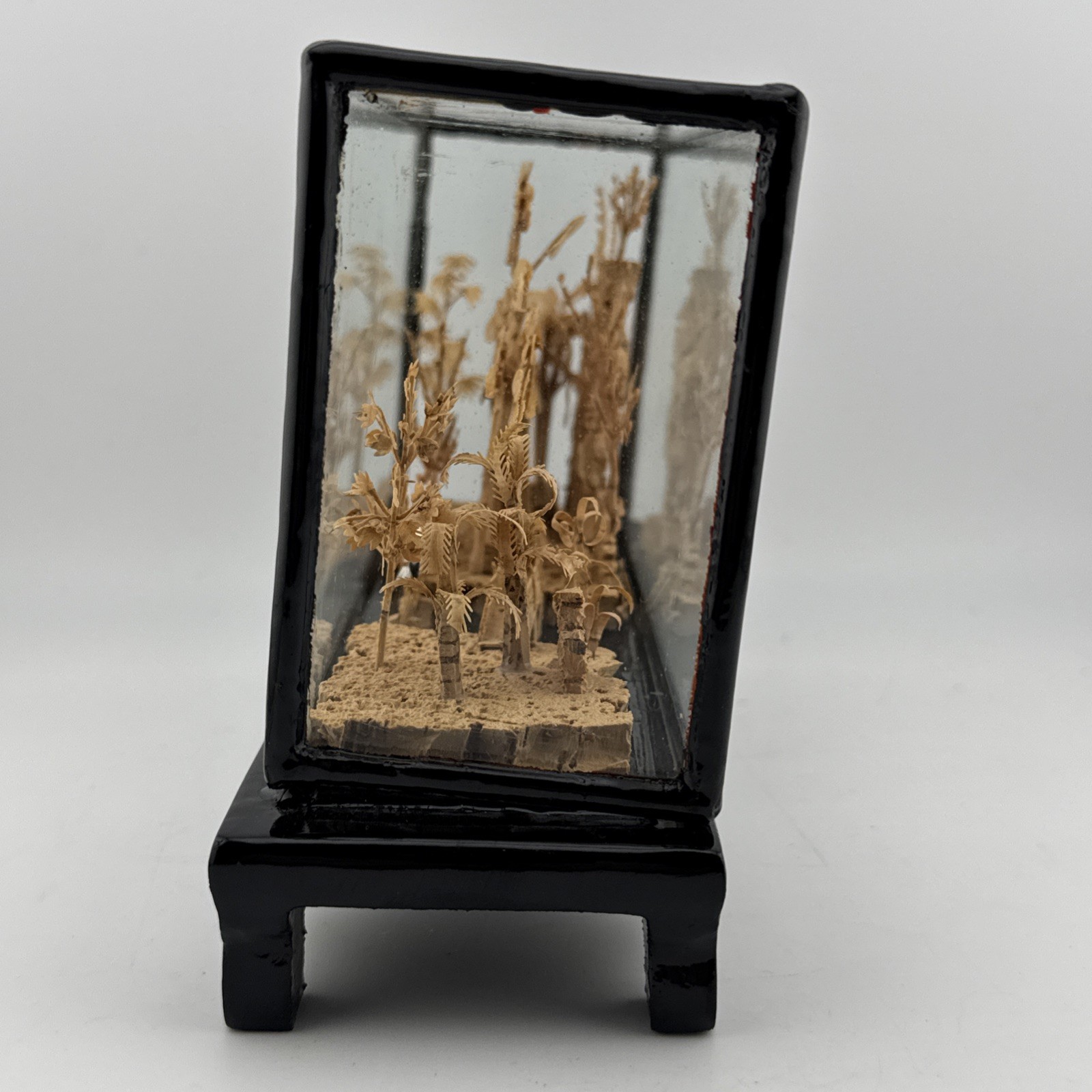 Vintage Chinese Hand Carved Cork Diorama with birds Framed Glass Wood