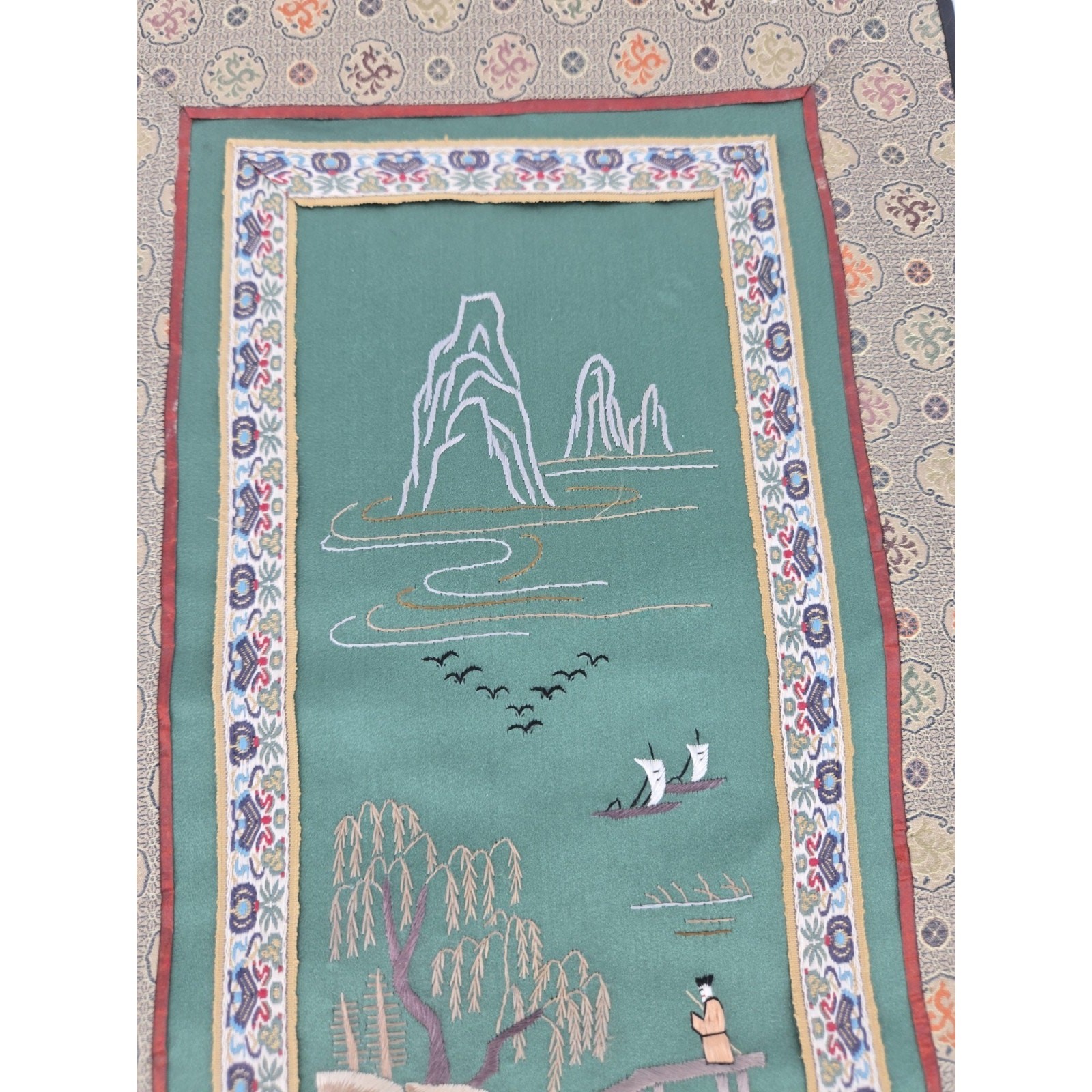 Vintage Chinese Hand Embroidered Silk Pagoda Tapestry Decorative Fabric Panel