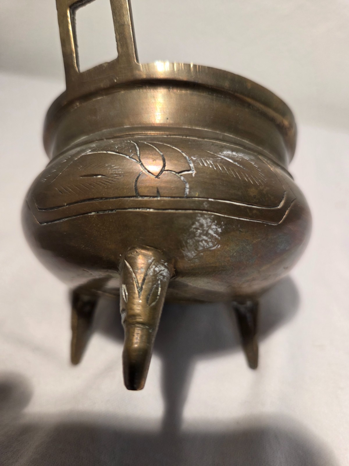 Vintage Marked & etched Chinese Brass Tri-Footed Incense Burner Holder