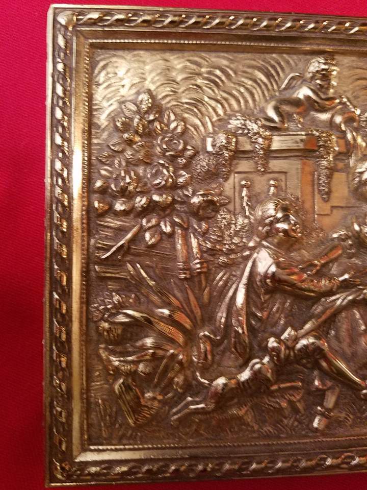 Vintage Couple with Dog & Two Cherubs Embossed Brass Trinket Box Cover Lid 6×5″