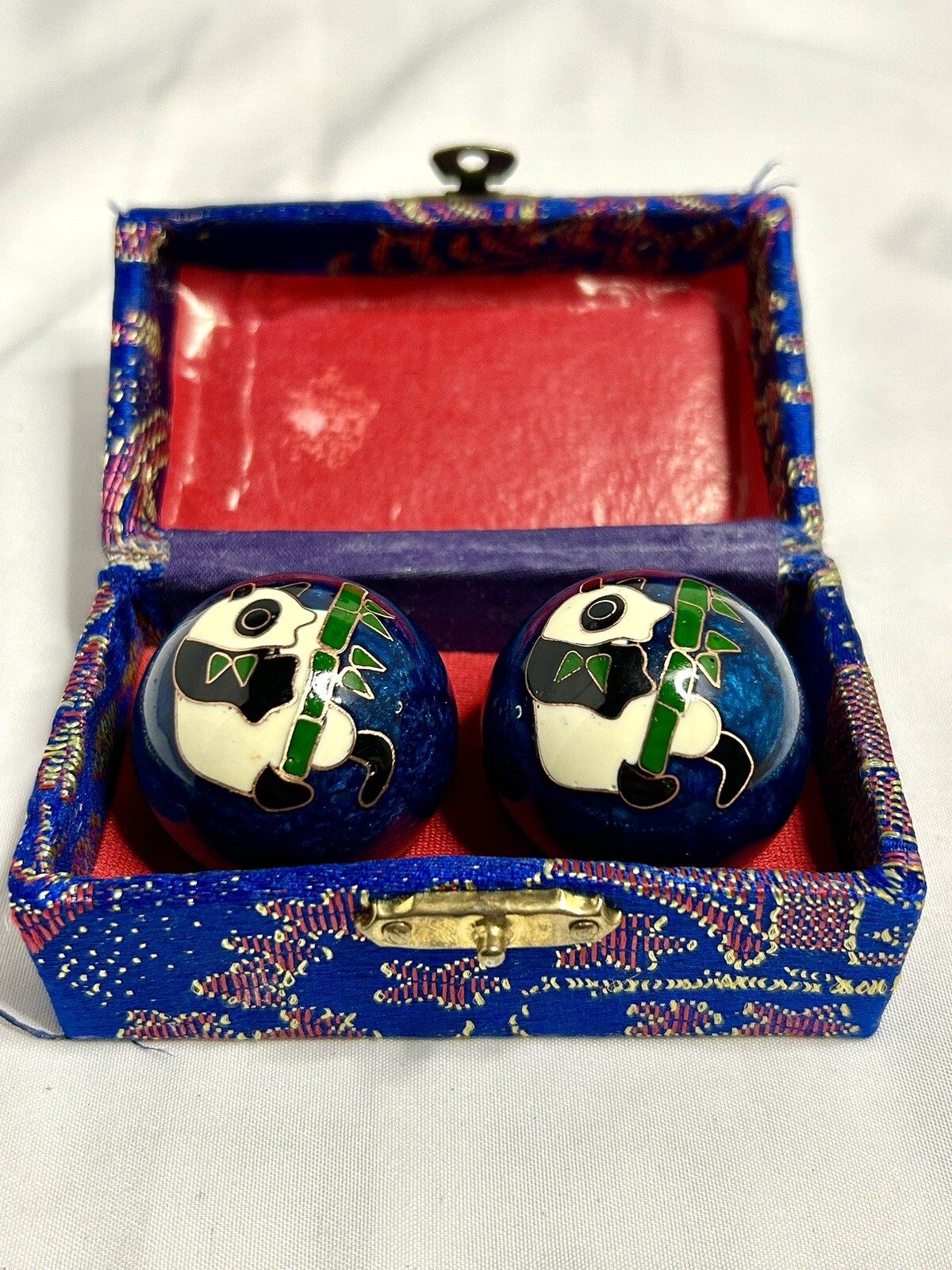Cloisonné Chinese Meditation Balls Blue Panda Bamboo Swirl Enamel Set In Box