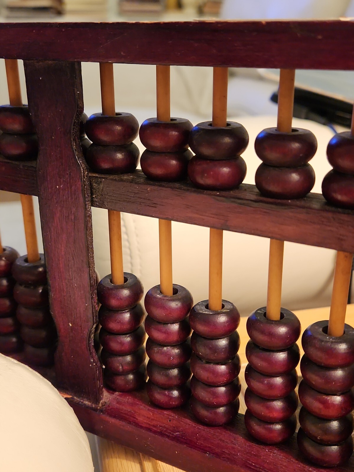 Vintage Chinese Red Lion abacus Wuhan China, wood brass?accents w 13 rods, as is