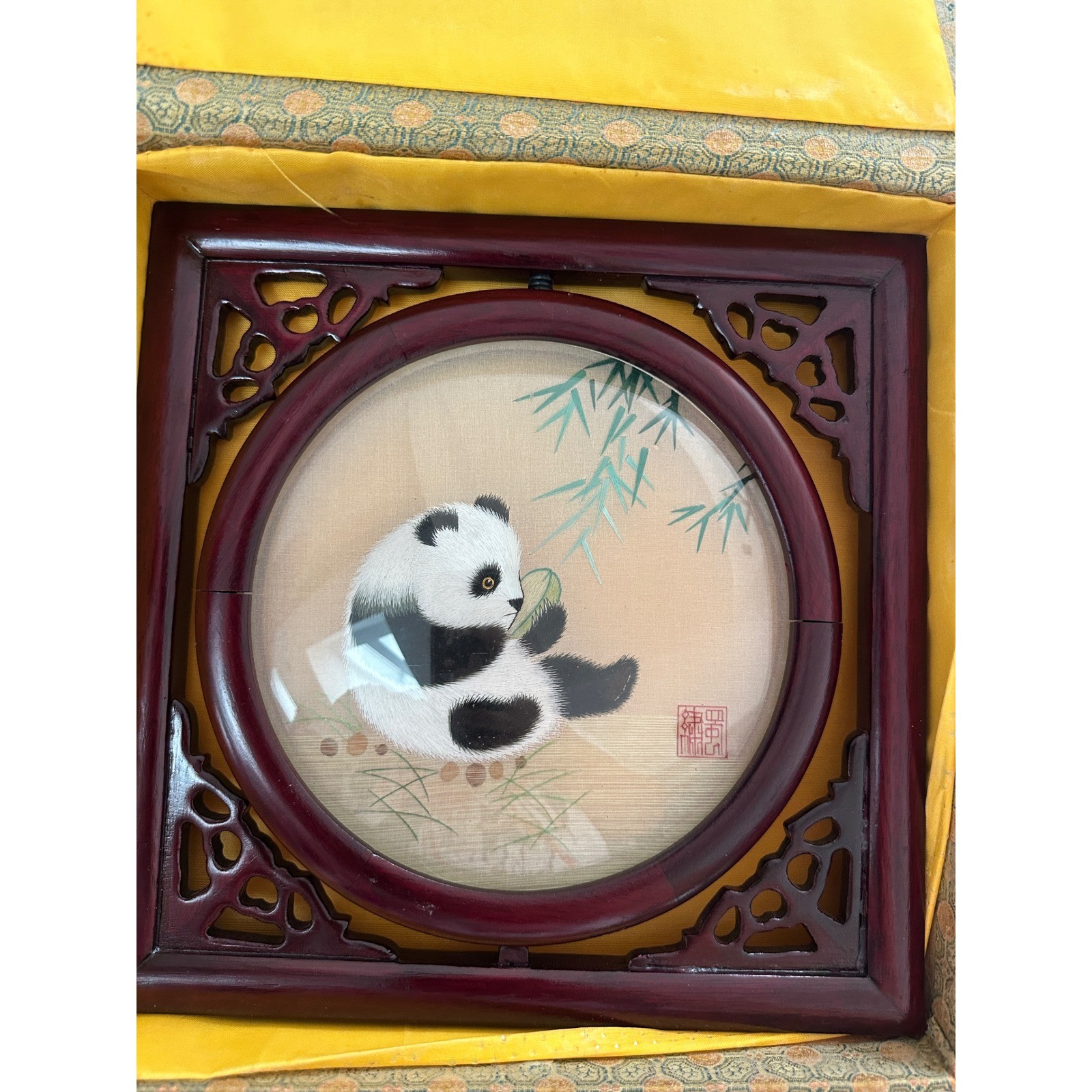 Vintage Chinese Double Sided Silk Embroidery Panda Rotating Table Screen Boxed