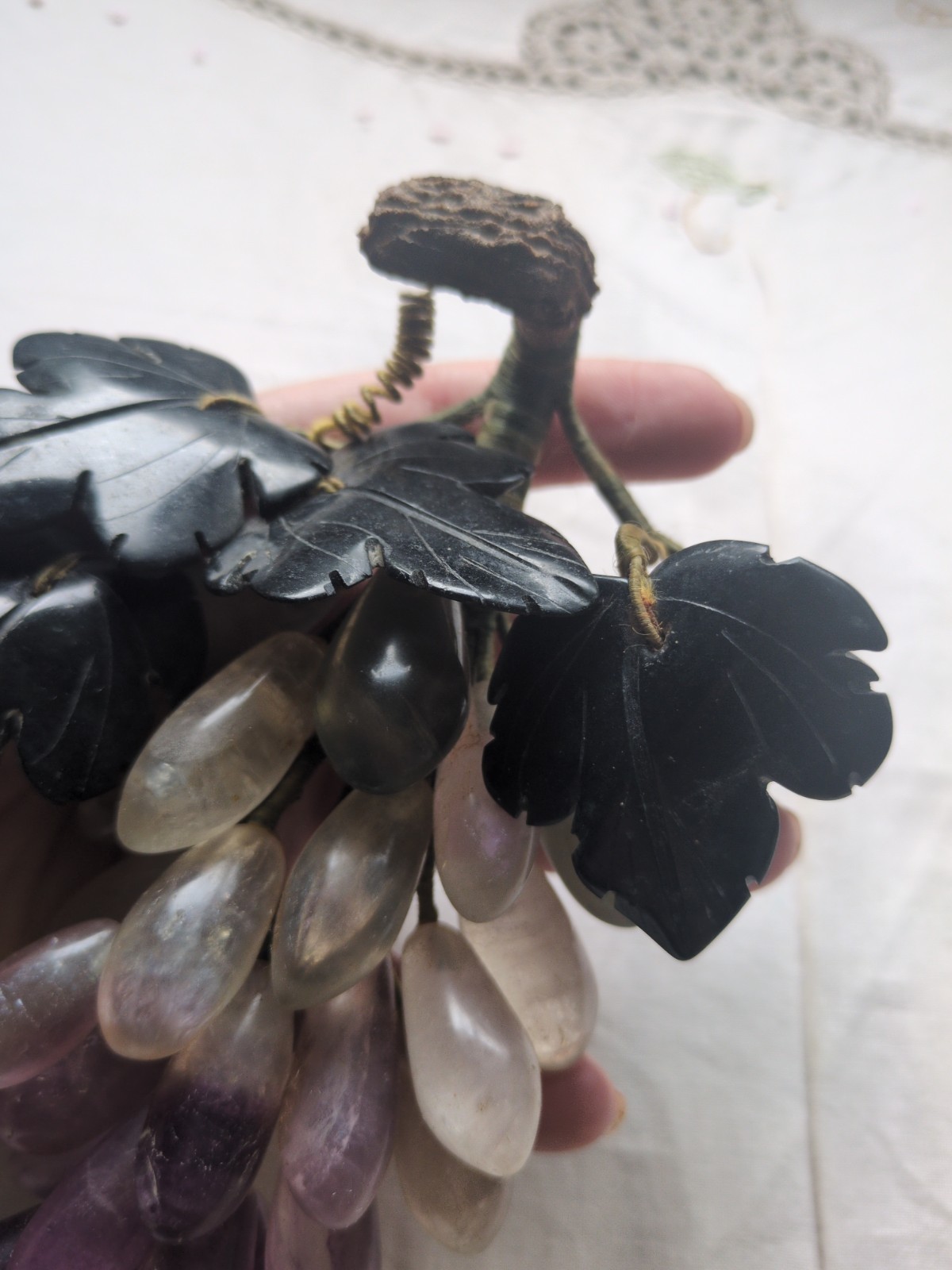 Vintage Chinese Carved Rose-Quartz, Amethyst Grape Cluster With Jade Leaves 7″