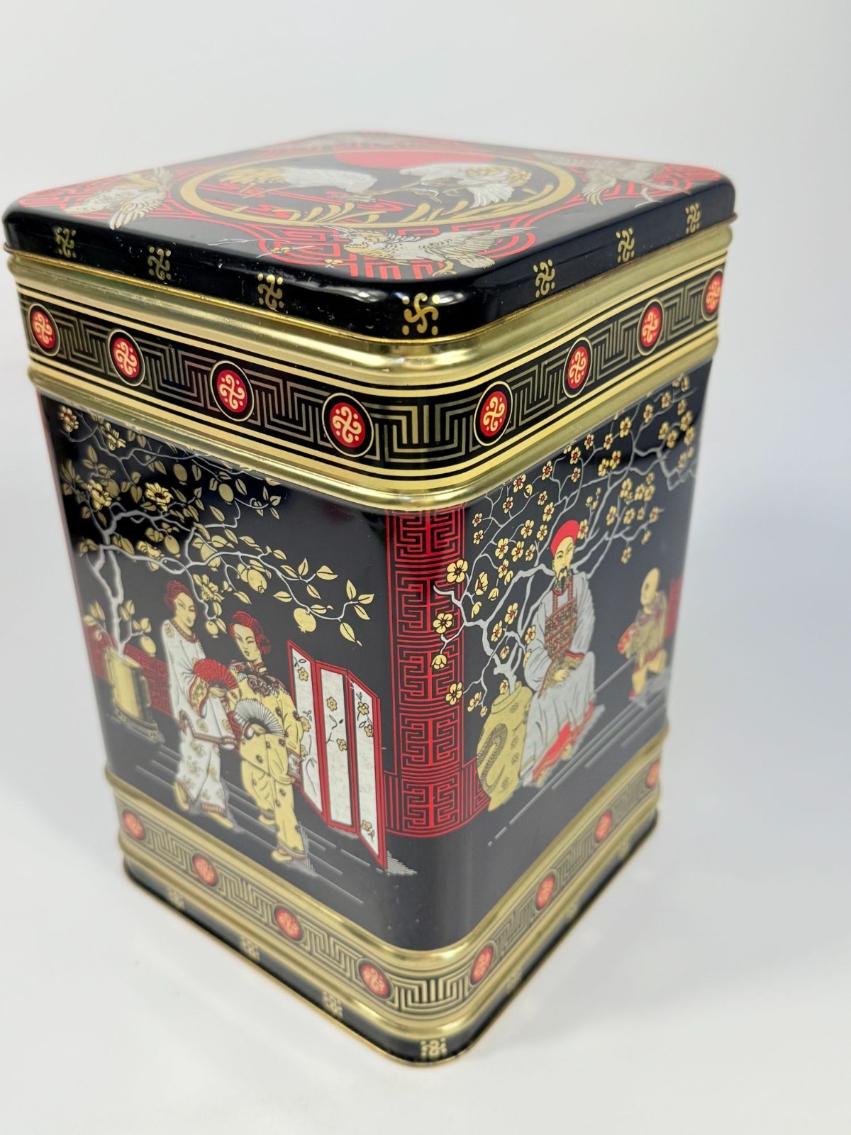 English Tea Tin Caddy Vintage 1970s Chinese Hinged Lid Black Red Gold Cranes Asi